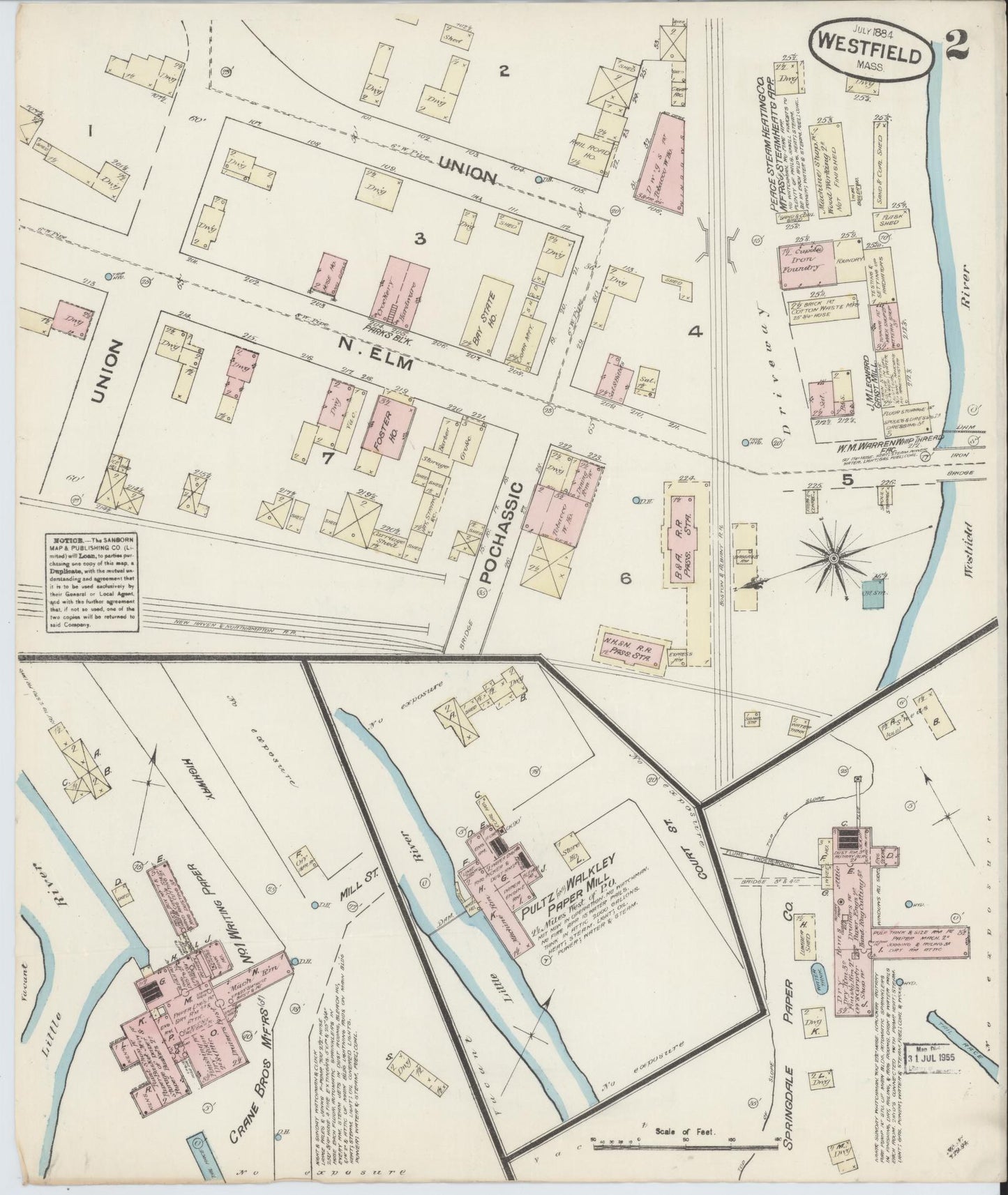 Sanborn Fire Insurance Map from Westfield, Hampden County, Massachusetts (1884), Sheet #0002 - Historic Sanborn Fire Insurance Map Print, vintage old map wall art, antique decor, genealogy gift, Massachusetts Massachusetts map