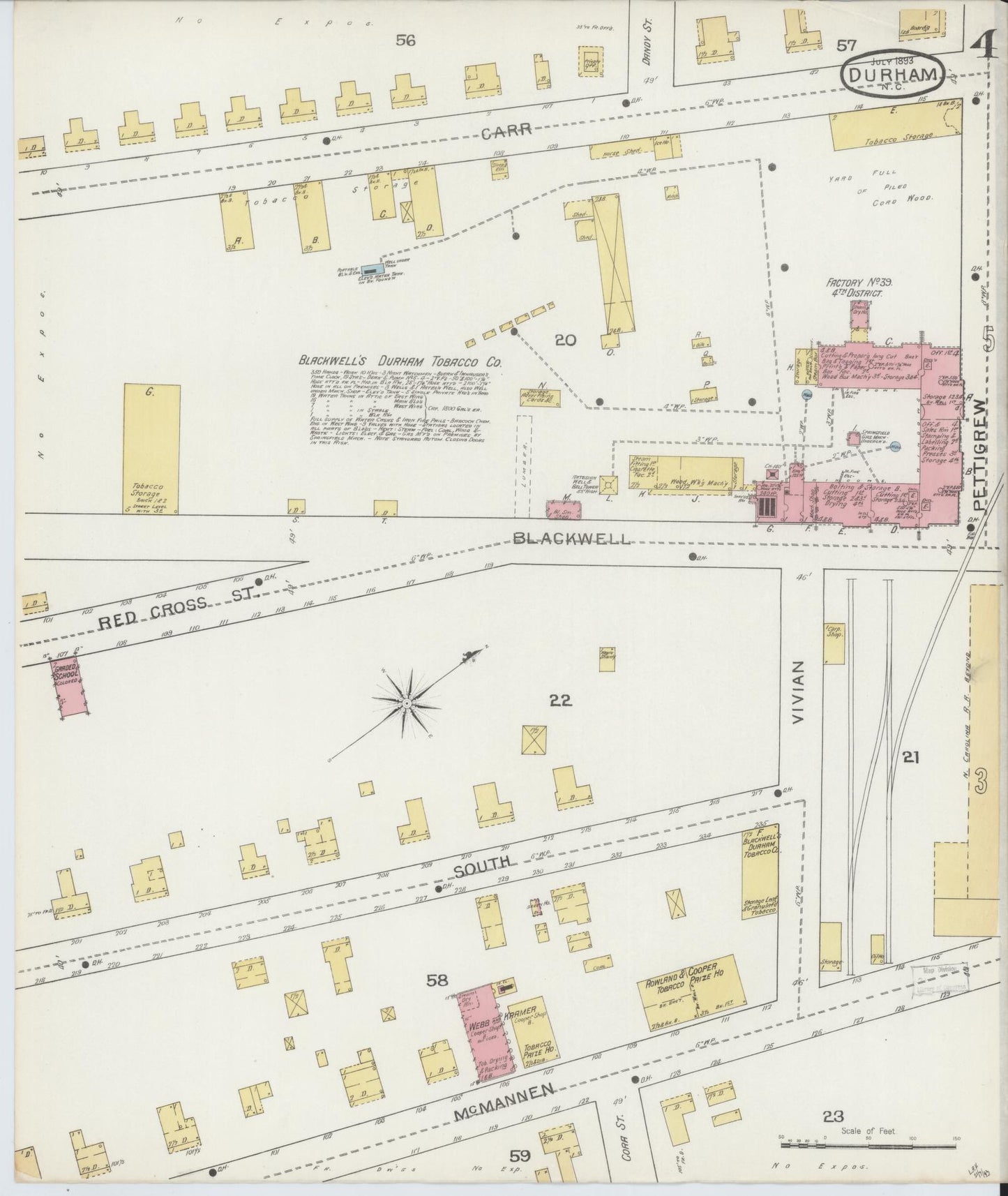 Sanborn Fire Insurance Map from Durham, Durham County, North Carolina (1893), Sheet #0004 - Historic Sanborn Fire Insurance Map Print, vintage old map wall art, antique decor, genealogy gift, North Carolina North Carolina map