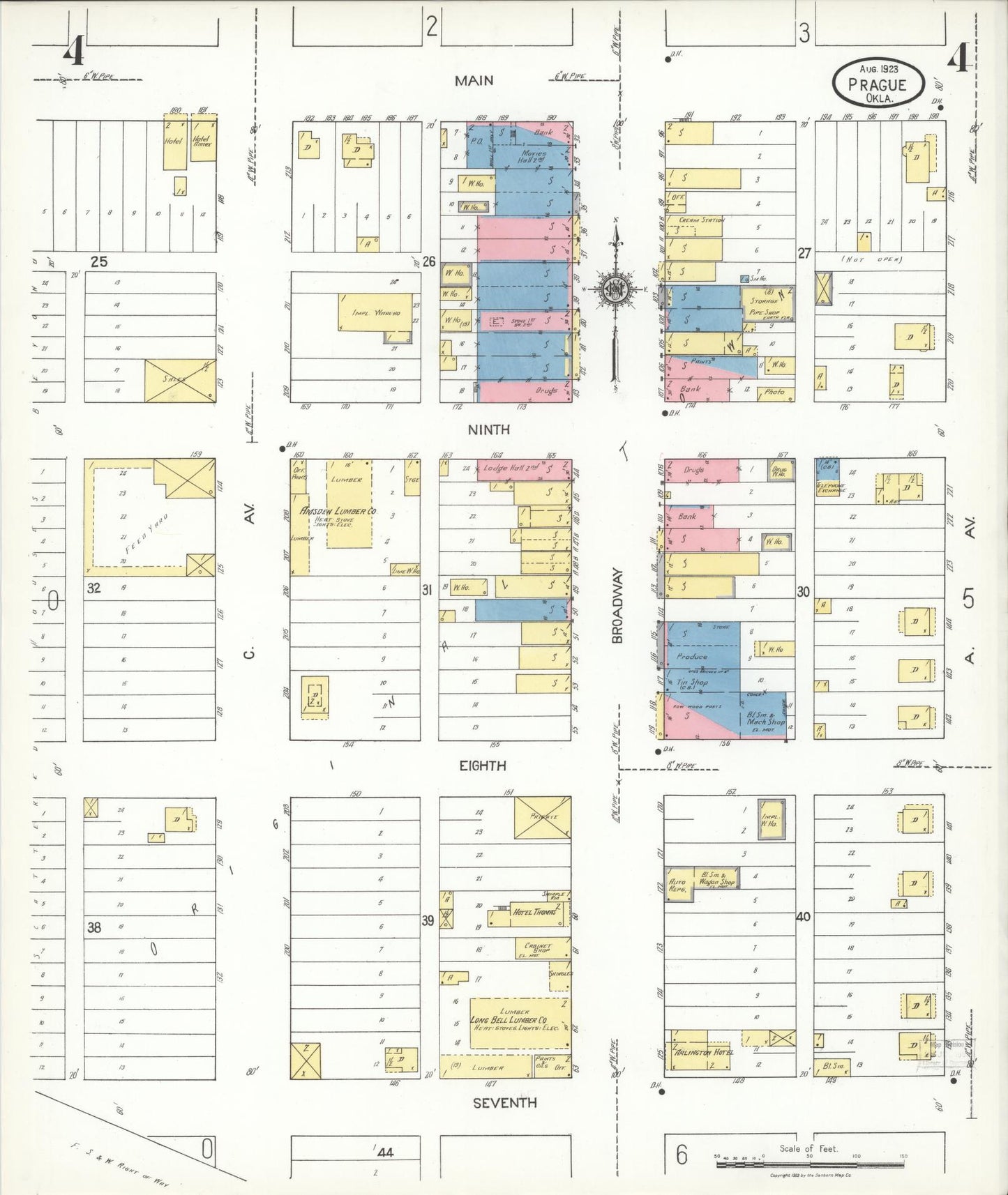 Sanborn Fire Insurance Map from Prague, Lincoln County, Oklahoma (1923), Sheet #0004 - Historic Sanborn Fire Insurance Map Print, vintage old map wall art, antique decor, genealogy gift, Oklahoma Oklahoma map