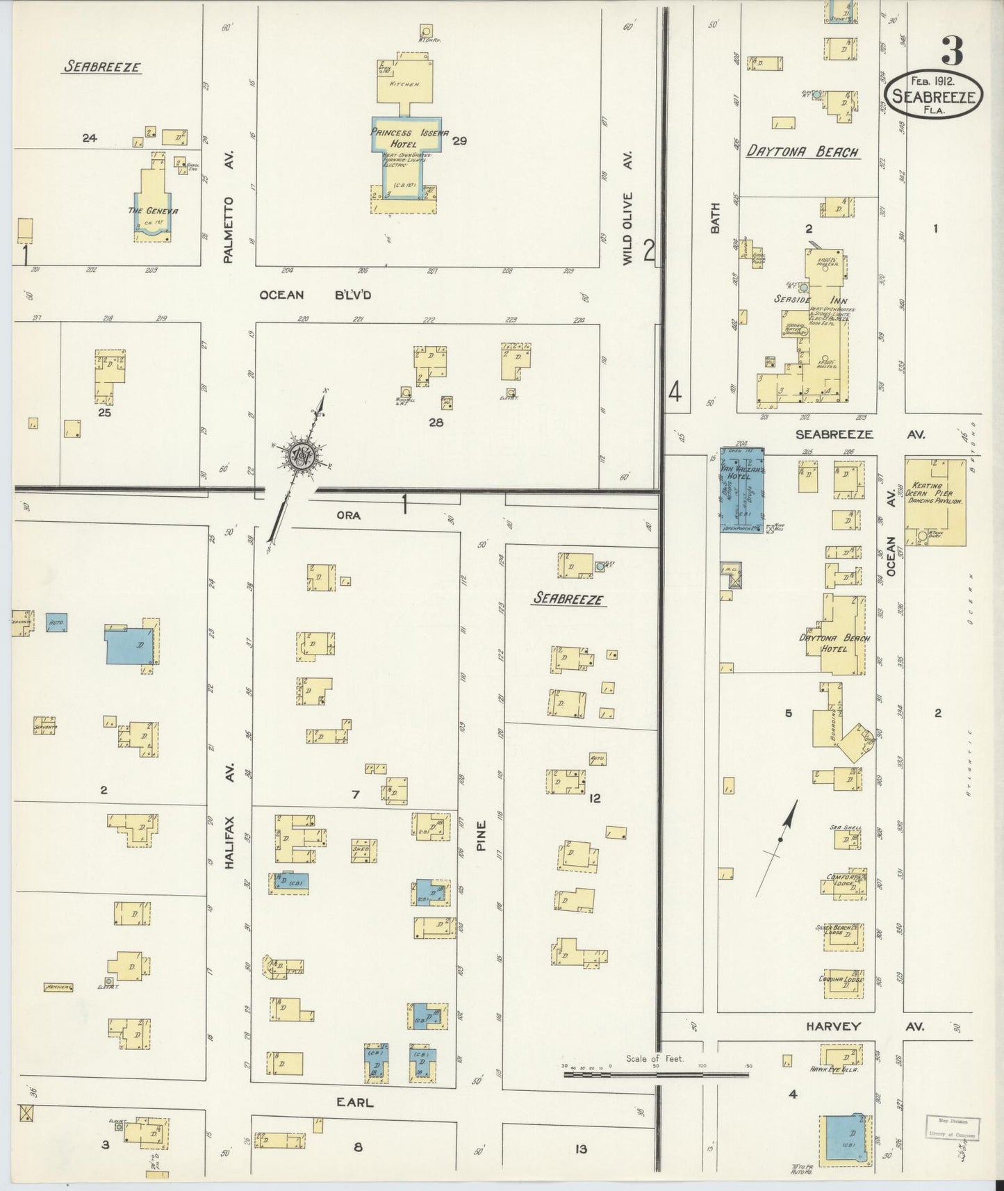 Sanborn Fire Insurance Map from Seabreeze, Volusia County, Florida (1912), Sheet #0003 - Historic Sanborn Fire Insurance Map Print, vintage old map wall art, antique decor, genealogy gift, Florida Florida map