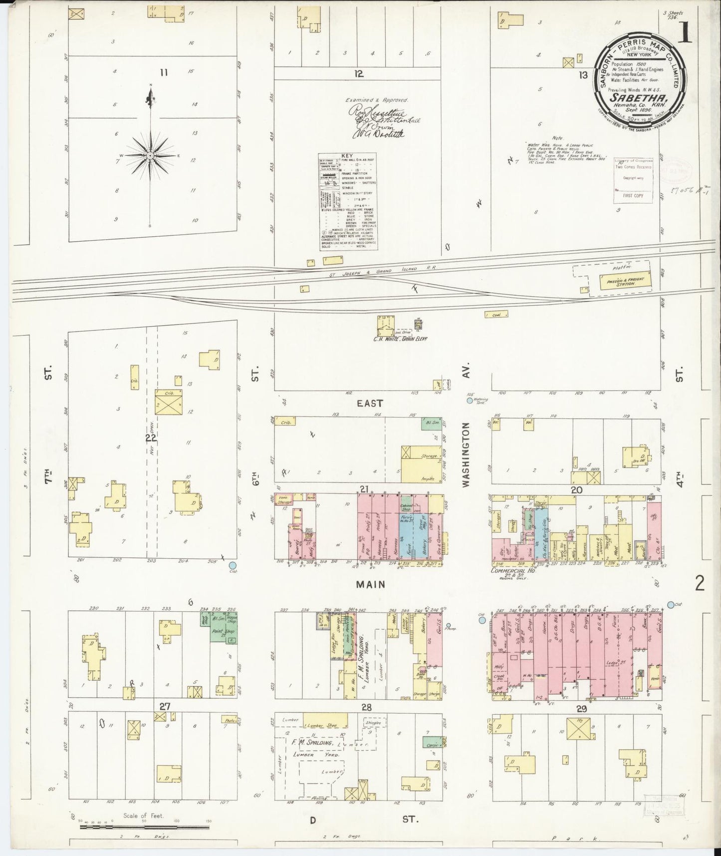 Sanborn Fire Insurance Map from Sabetha, Nemaha County, Kansas (1896), Sheet #0001 - Historic Sanborn Fire Insurance Map Print, vintage old map wall art, antique decor, genealogy gift, Kansas Kansas map