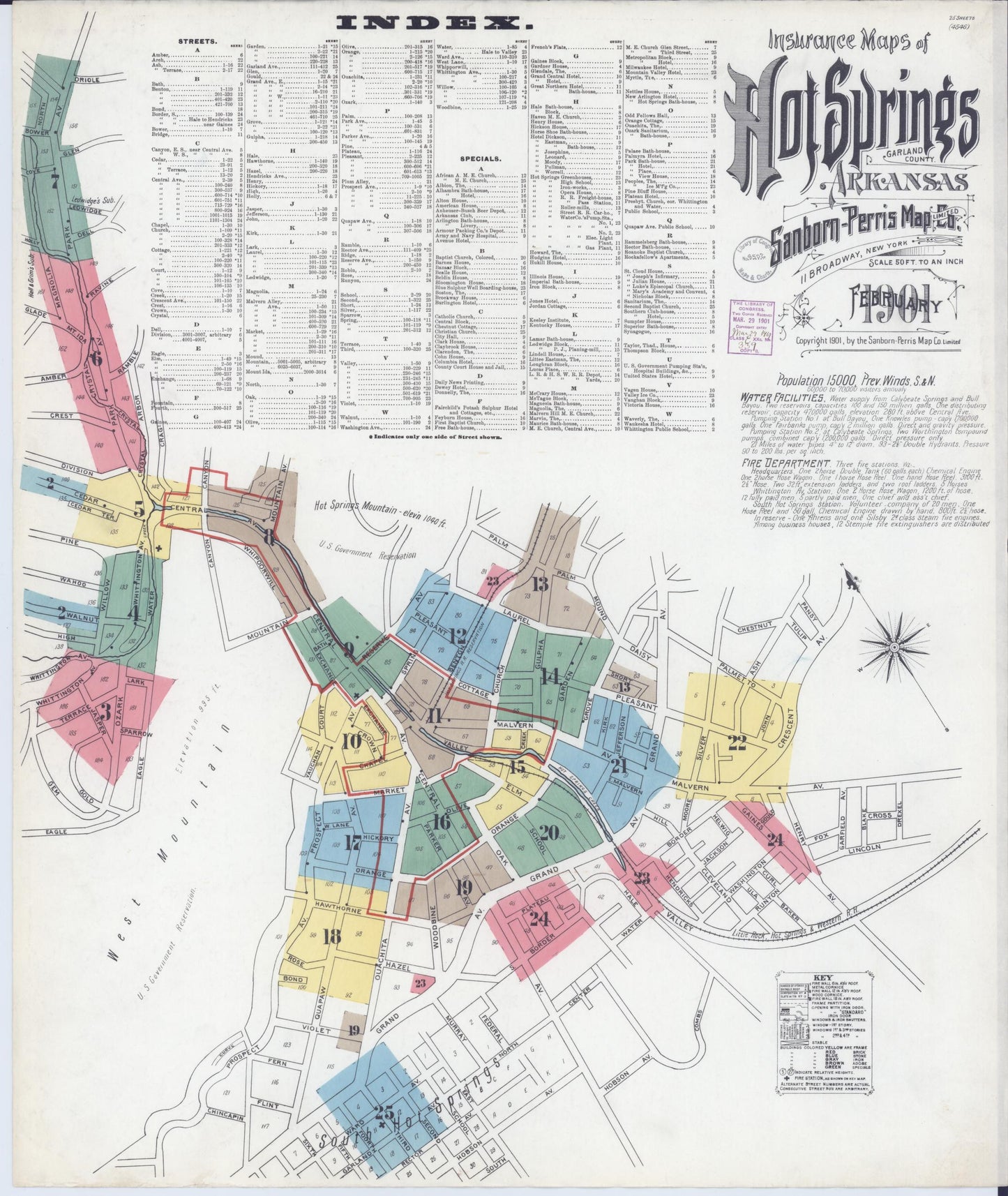 Sanborn Fire Insurance Map from Hot Springs, Garland County, Arkansas (1901), Sheet #0001 - Historic Sanborn Fire Insurance Map Print, vintage old map wall art, antique decor, genealogy gift, Arkansas Arkansas map