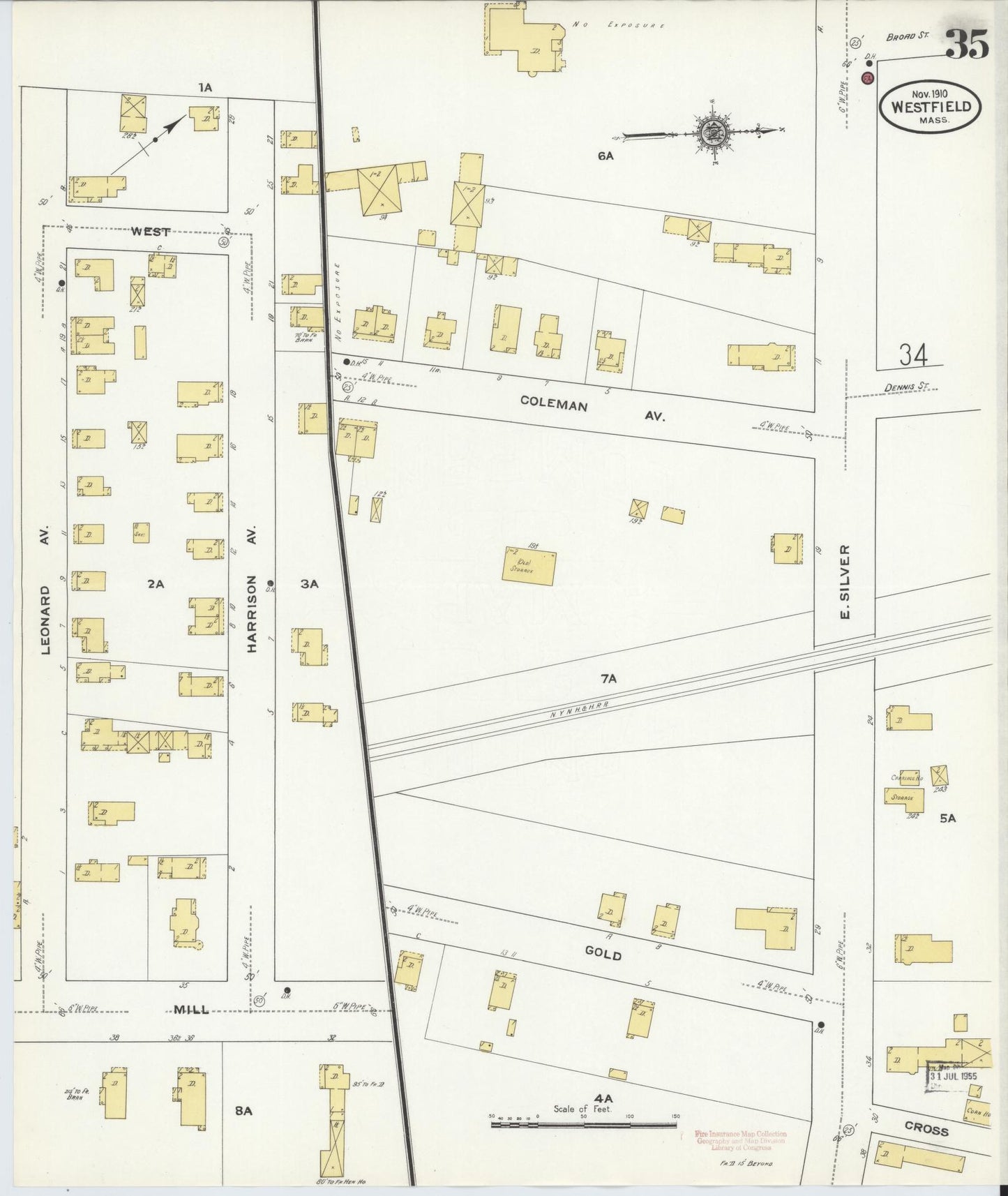 Sanborn Fire Insurance Map from Westfield, Hampden County, Massachusetts (1910), Sheet #0035 - Historic Sanborn Fire Insurance Map Print, vintage old map wall art, antique decor, genealogy gift, Massachusetts Massachusetts map