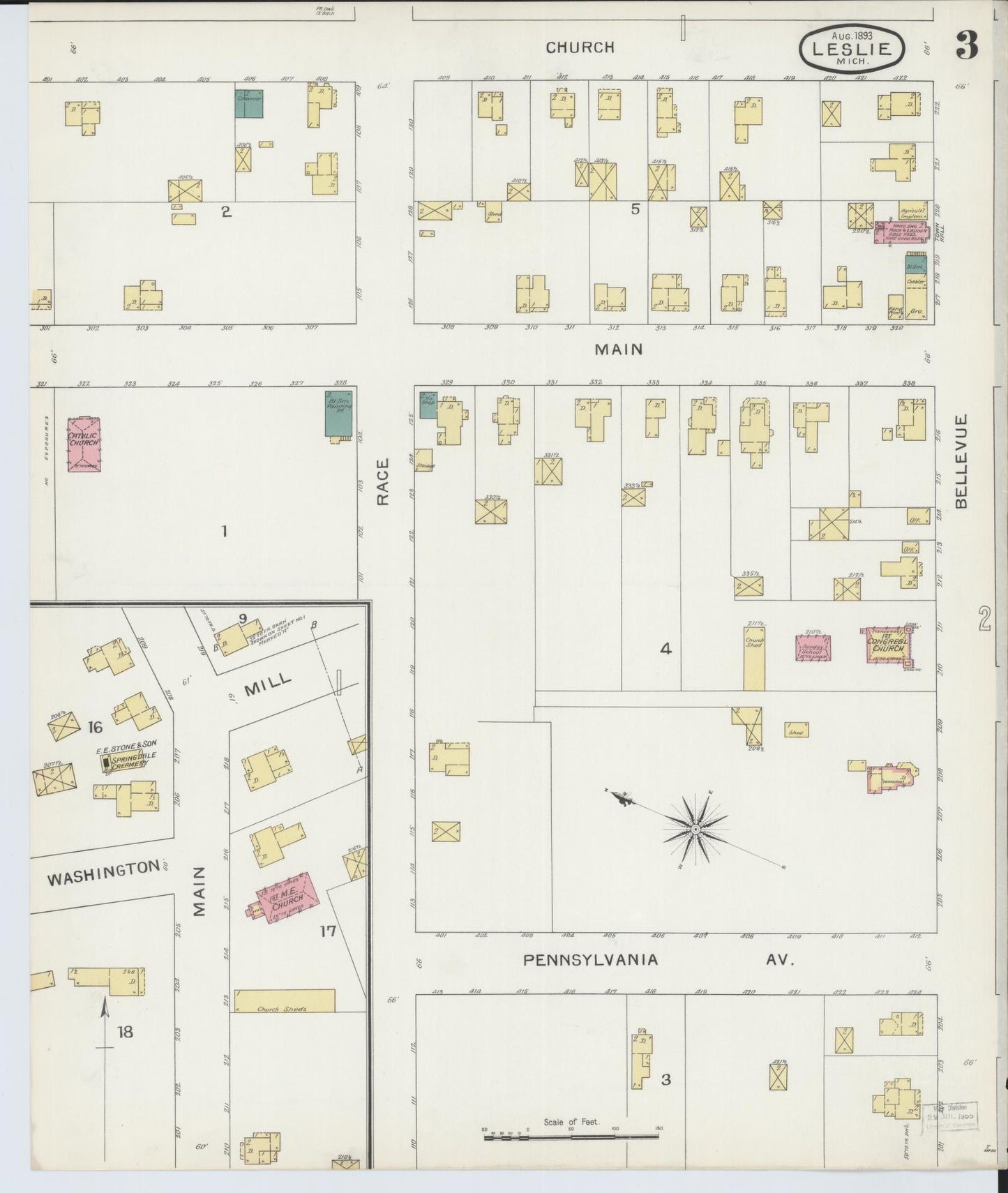 Sanborn Fire Insurance Map from Leslie, Ingham County, Michigan (1893), Sheet #0003 - Complete Map Set gallery image, historic Sanborn map, vintage wall art, Michigan Michigan