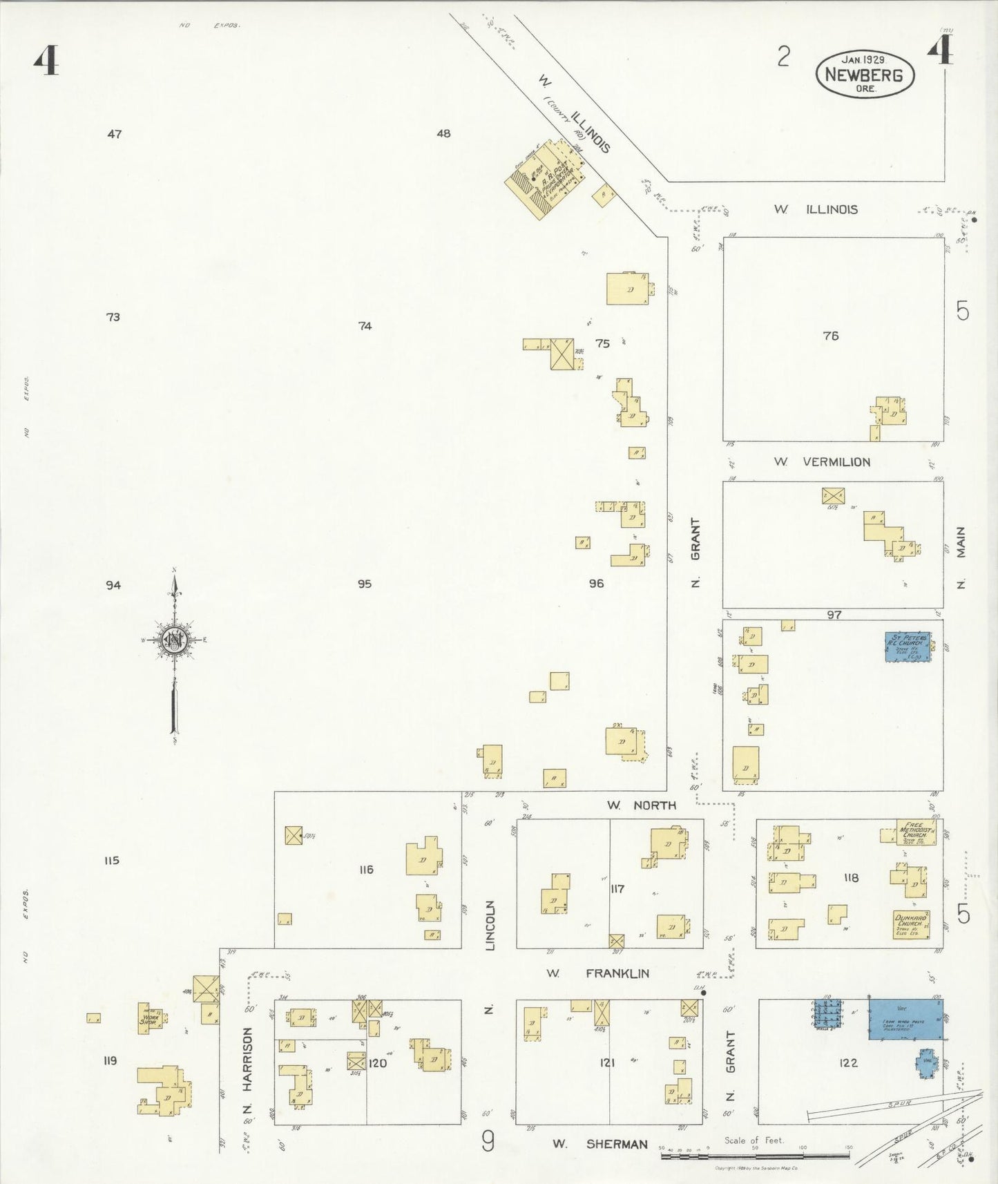 Sanborn Fire Insurance Map from Newberg, Yamhill County, Oregon (1929), Sheet #0004 - Historic Sanborn Fire Insurance Map Print, vintage old map wall art, antique decor, genealogy gift, Oregon Oregon map