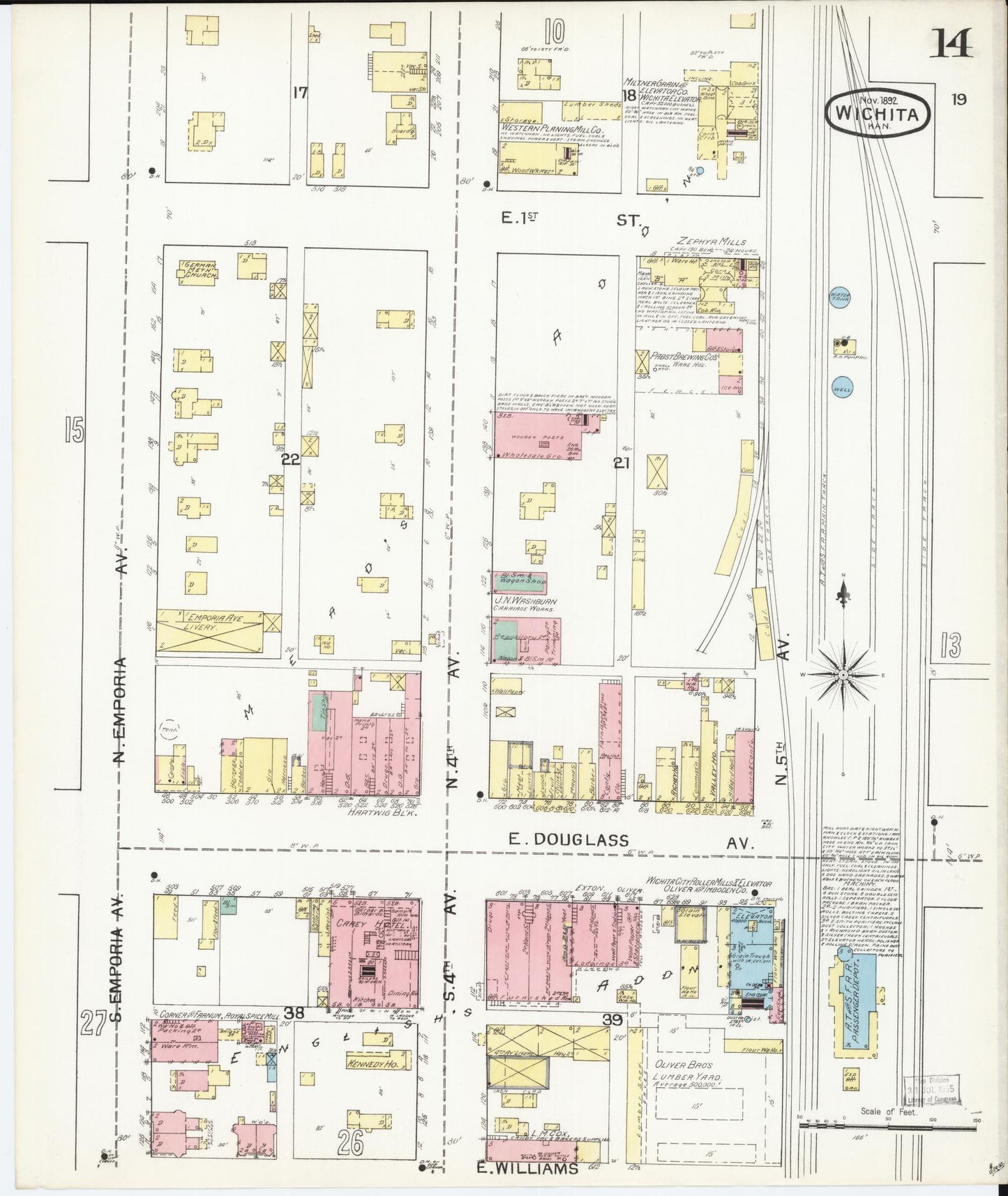 Sanborn Fire Insurance Map from Wichita, Sedgwick County, Kansas (1892), Sheet #0014 - Historic Sanborn Fire Insurance Map Print, vintage old map wall art, antique decor, genealogy gift, Kansas Kansas map