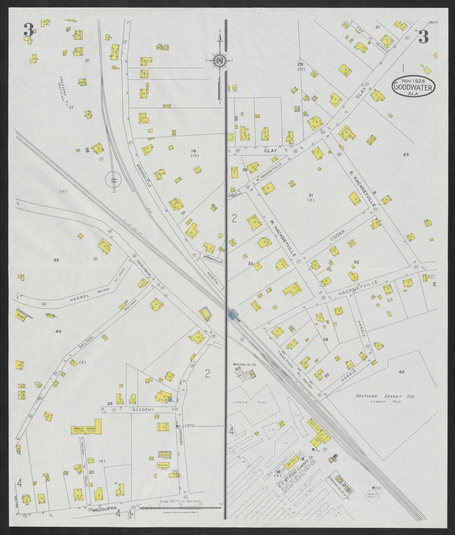 Sanborn Fire Insurance Map from Goodwater, Coosa County, Alabama (1928), Sheet #0003 - Historic Sanborn Fire Insurance Map Print, vintage old map wall art, antique decor, genealogy gift, Alabama Alabama map