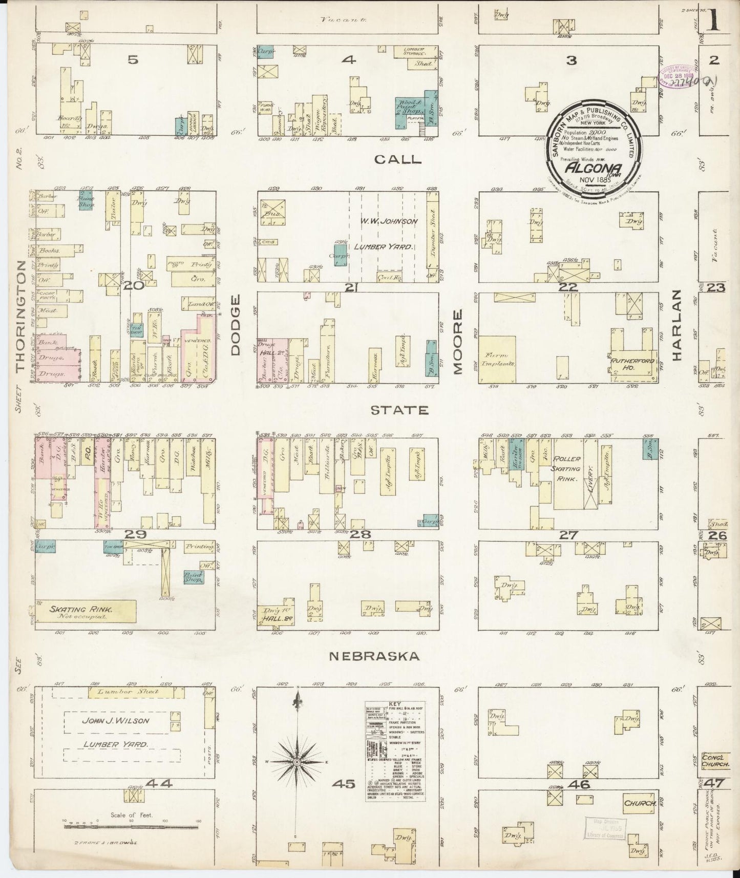 Sanborn Fire Insurance Map from Algona, Kossuth County, Iowa (1885), Sheet #0001 - Historic Sanborn Fire Insurance Map Print, vintage old map wall art