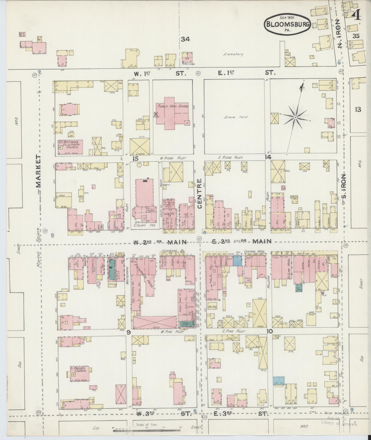 Sanborn Fire Insurance Map from Bloomsburg, Columbia County, Pennsylvania (1891), Sheet #0004 - Historic Sanborn Fire Insurance Map Print, vintage old map wall art, antique decor, genealogy gift, Pennsylvania Pennsylvania map