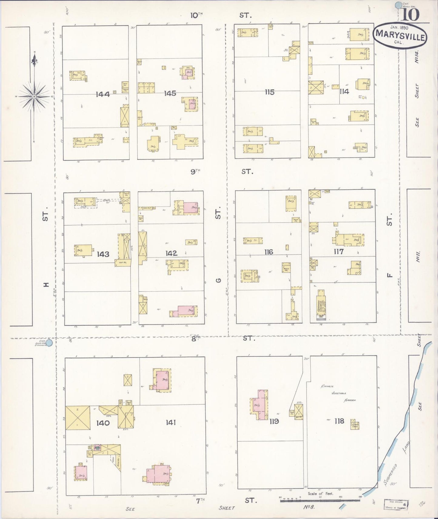Sanborn Fire Insurance Map from Marysville, Yuba County, California (1890), Sheet #0010 - Historic Sanborn Fire Insurance Map Print, vintage old map wall art, antique decor, genealogy gift, California California map