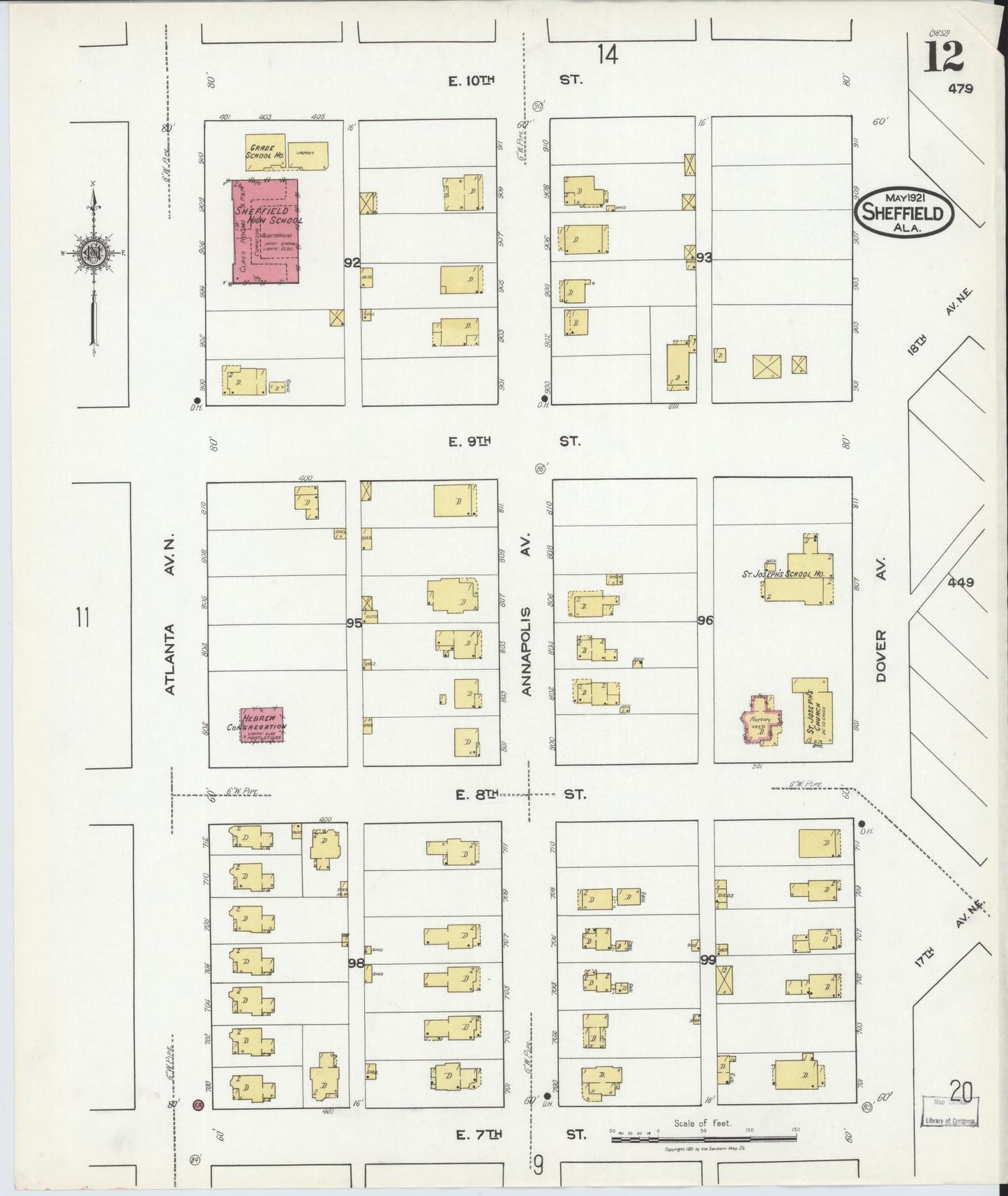 Sanborn Fire Insurance Map from Sheffield, Colbert County, Alabama (1921), Sheet #0012 - Historic Sanborn Fire Insurance Map Print, vintage old map wall art, antique decor, genealogy gift, Alabama Alabama map
