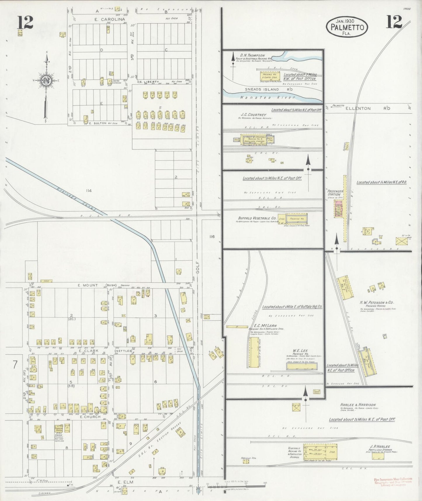 Sanborn Fire Insurance Map from Palmetto, Manatee County, Florida (1930), Sheet #0012 - Historic Sanborn Fire Insurance Map Print, vintage old map wall art, antique decor, genealogy gift, Florida Florida map