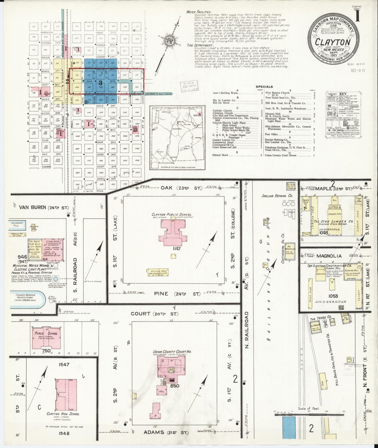 Sanborn Fire Insurance Map from Clayton, Union County, New Mexico (1921), Sheet #0001 - Historic Sanborn Fire Insurance Map Print, vintage old map wall art, antique decor, genealogy gift, New Mexico New Mexico map