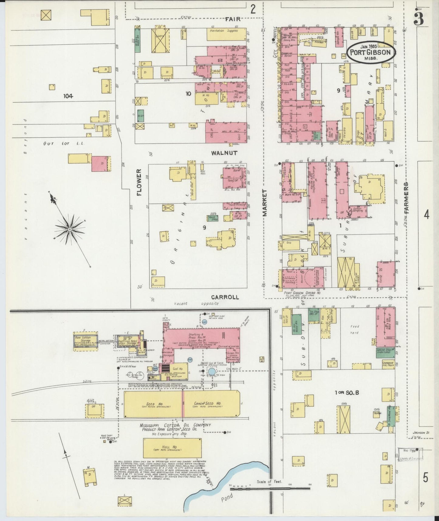 Sanborn Fire Insurance Map from Port Gibson, Claiborne County, Mississippi (1905), Sheet #0003 - Historic Sanborn Fire Insurance Map Print, vintage old map wall art, antique decor, genealogy gift, Mississippi Mississippi map
