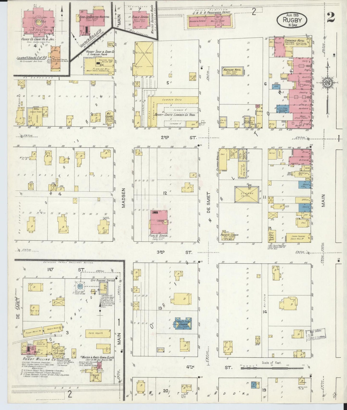 Sanborn Fire Insurance Map from Rugby, Pierce County, North Dakota (1913), Sheet #0002 - Complete Map Set gallery image, historic Sanborn map, vintage wall art, North Dakota North Dakota