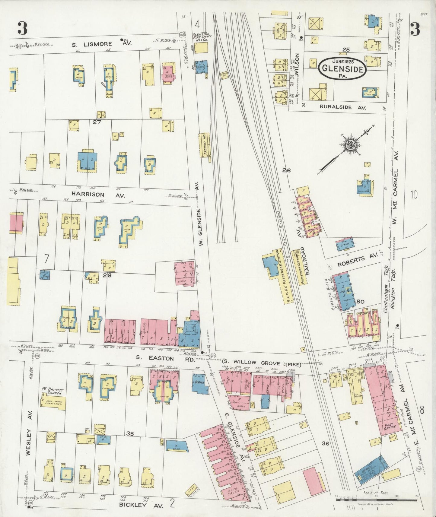 Sanborn Fire Insurance Map from Glenside, Montgomery County, Pennsylvania (1925), Sheet #0003 - Historic Sanborn Fire Insurance Map Print, vintage old map wall art, antique decor, genealogy gift, Pennsylvania Pennsylvania map