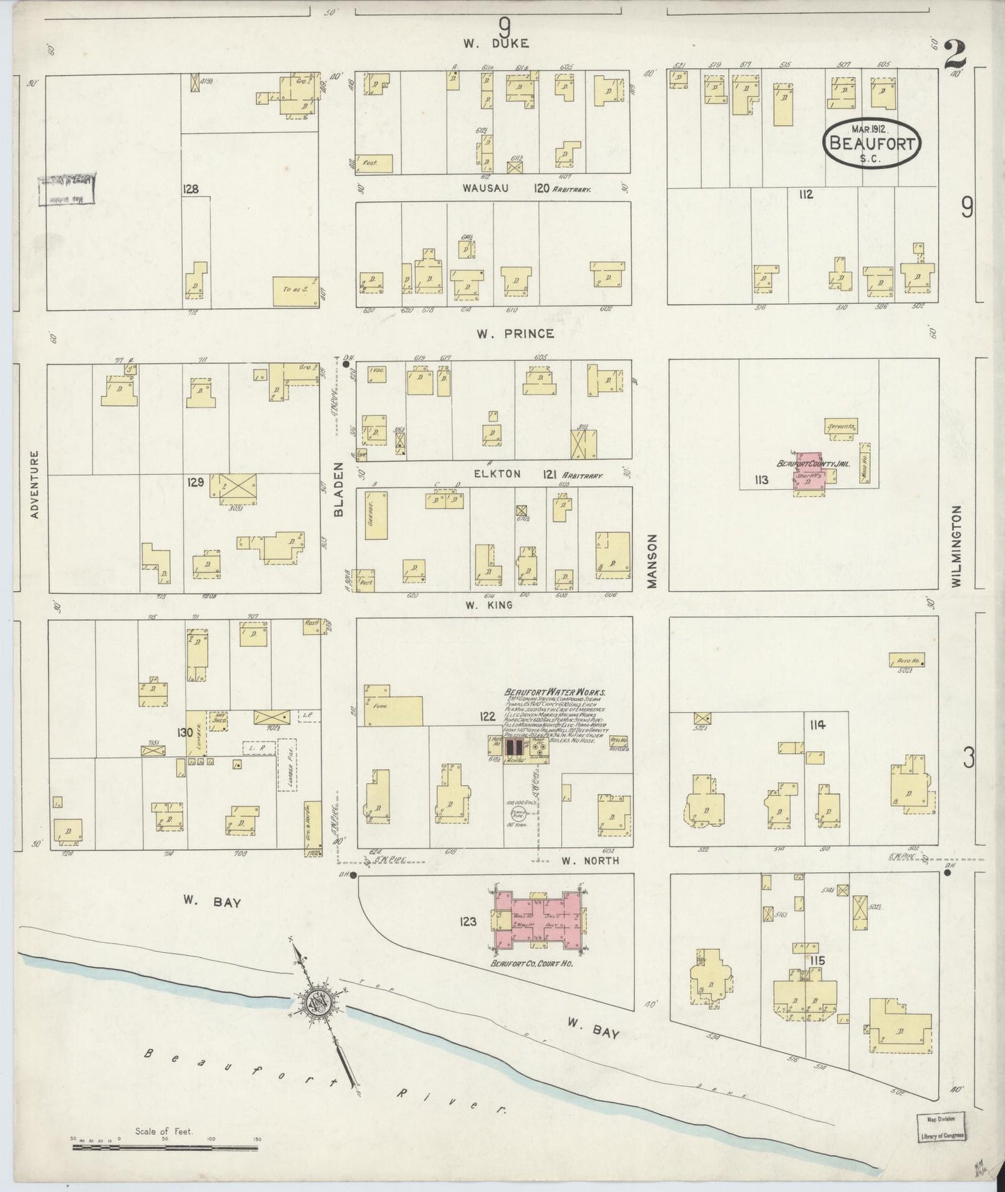 Sanborn Fire Insurance Map from Beaufort, Beaufort County, South Carolina (1912), Sheet #0002 - Historic Sanborn Fire Insurance Map Print, vintage old map wall art, antique decor, genealogy gift, South Carolina South Carolina map