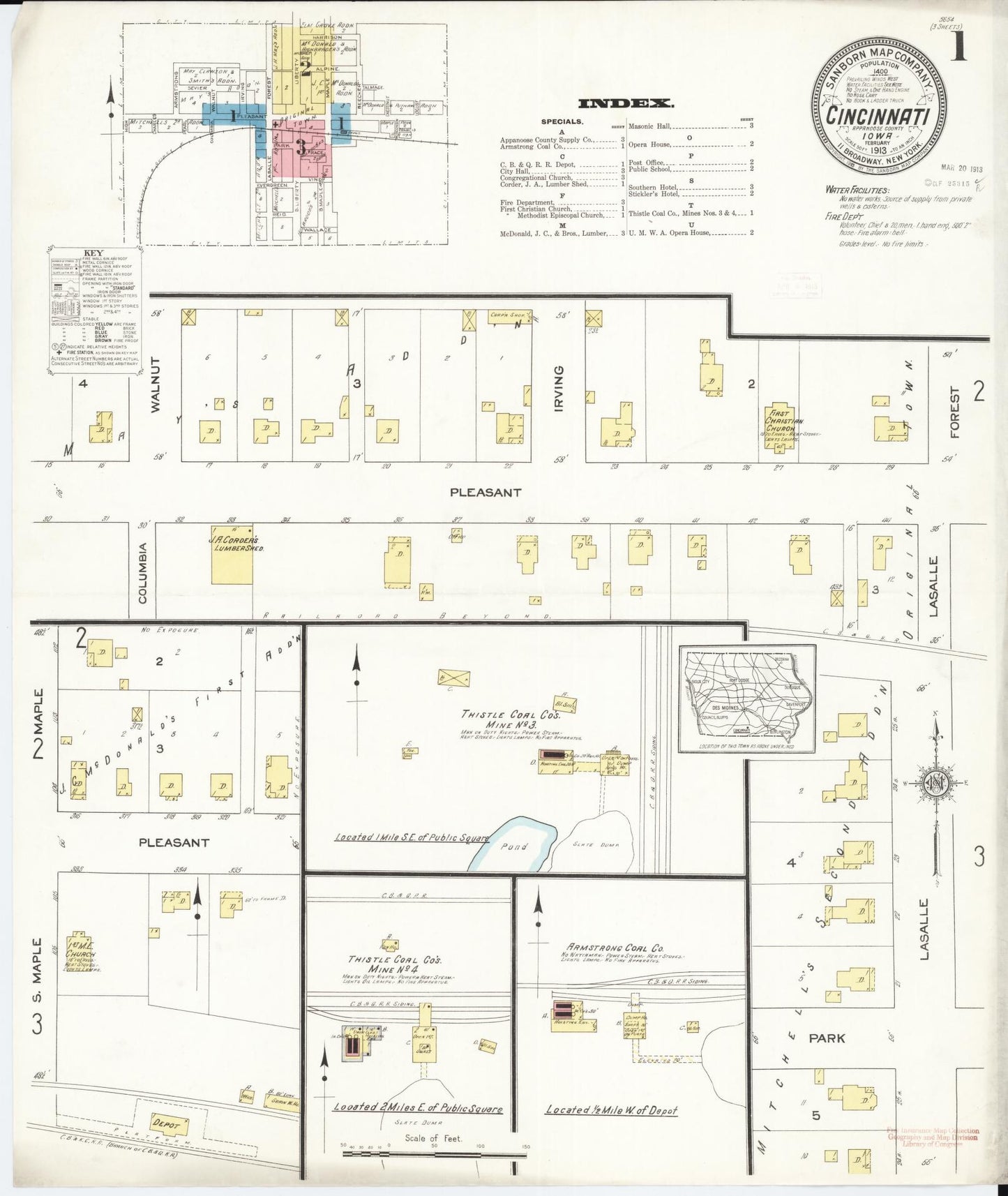 Sanborn Fire Insurance Map from Cincinnati, Appanoose County, Iowa (1913), Sheet #0001 - Historic Sanborn Fire Insurance Map Print, vintage old map wall art