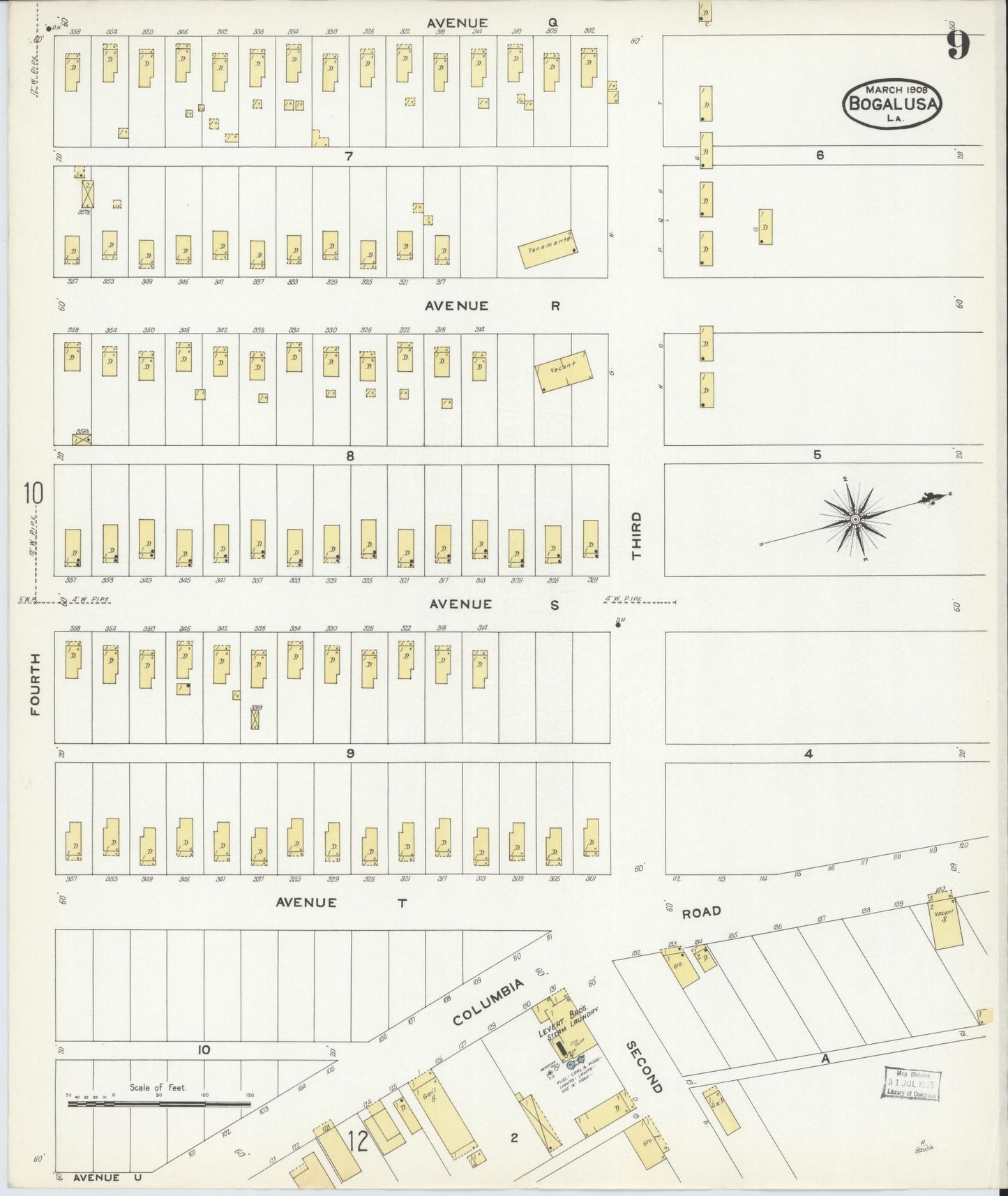Sanborn Fire Insurance Map from Bogalusa, Washington Parish, Louisiana (1908), Sheet #0009 - Historic Sanborn Fire Insurance Map Print, vintage old map wall art, antique decor, genealogy gift, Louisiana Louisiana map
