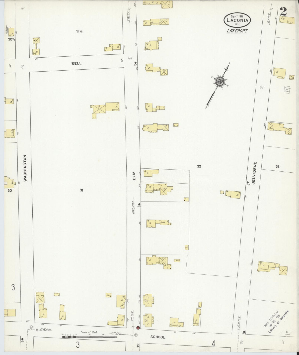 Sanborn Fire Insurance Map from Laconia, Belknap County, New Hampshire (1911), Sheet #0002 - Historic Sanborn Fire Insurance Map Print, vintage old map wall art, antique decor, genealogy gift, New Hampshire New Hampshire map