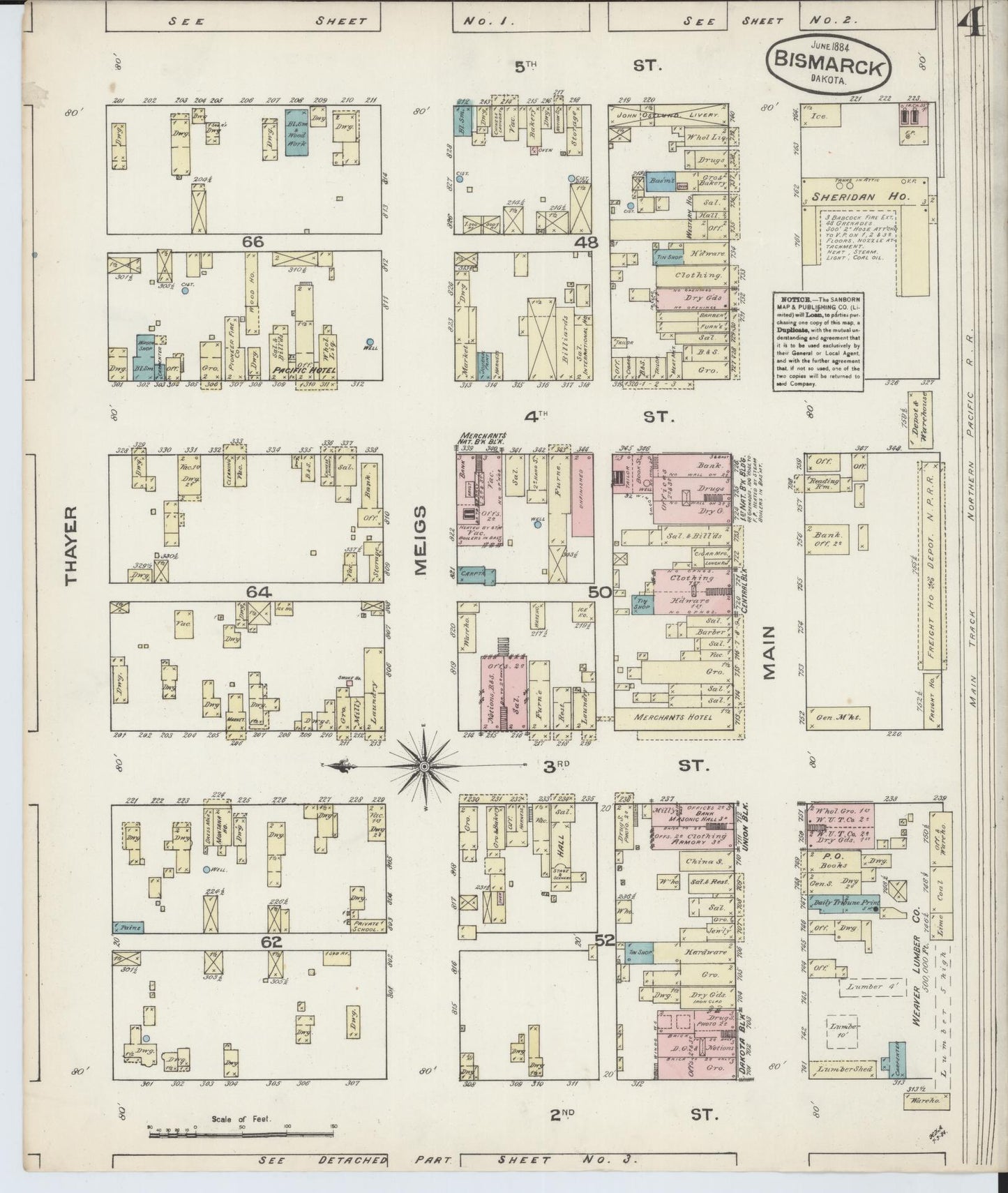 Sanborn Fire Insurance Map from Bismarck, Burleigh County, North Dakota (1884), Sheet #0004 - Historic Sanborn Fire Insurance Map Print, vintage old map wall art, antique decor, genealogy gift, North Dakota North Dakota map