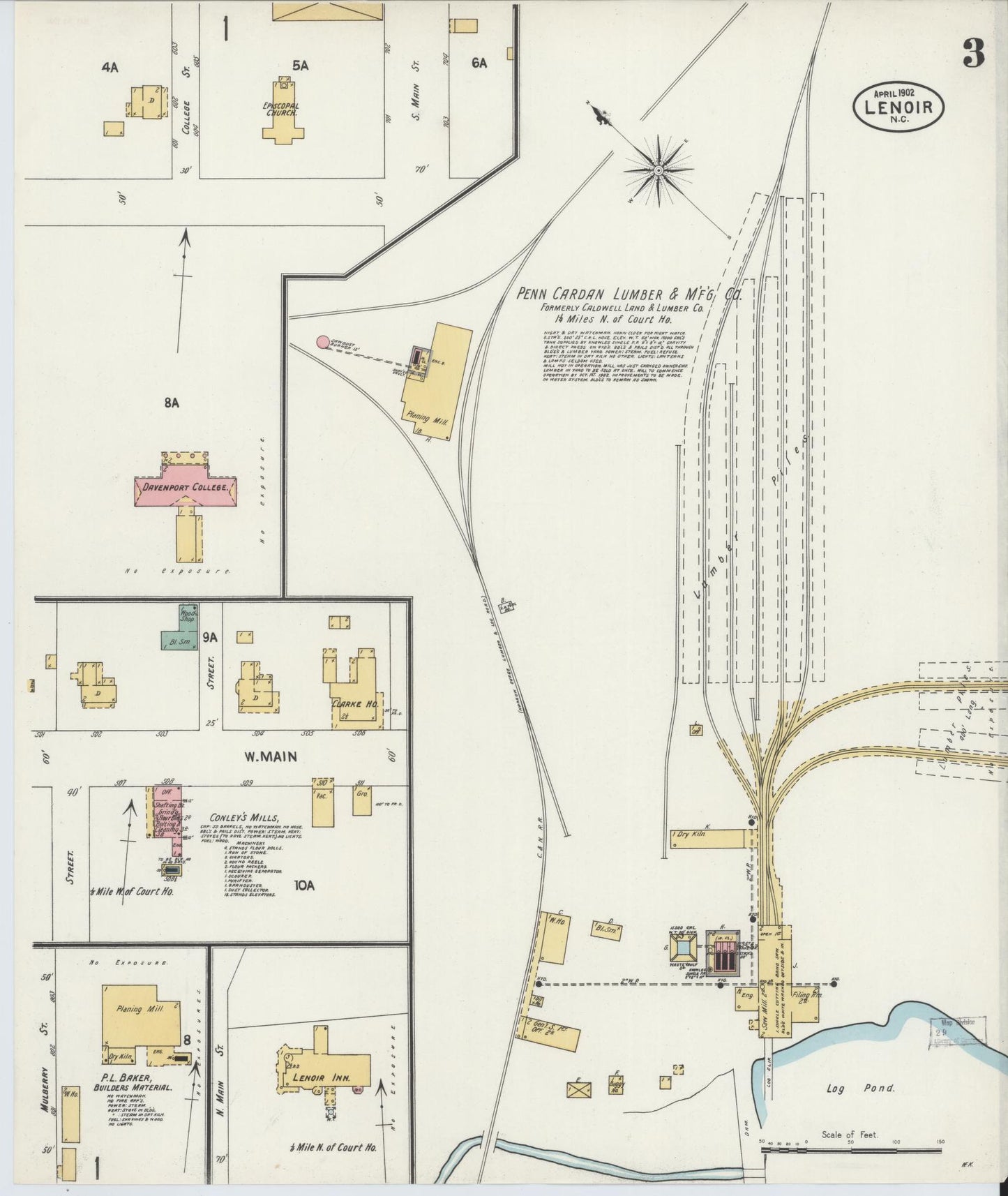Sanborn Fire Insurance Map from Lenoir, Caldwell County, North Carolina (1902), Sheet #0003 - Complete Map Set gallery image, historic Sanborn map, vintage wall art, North Carolina North Carolina
