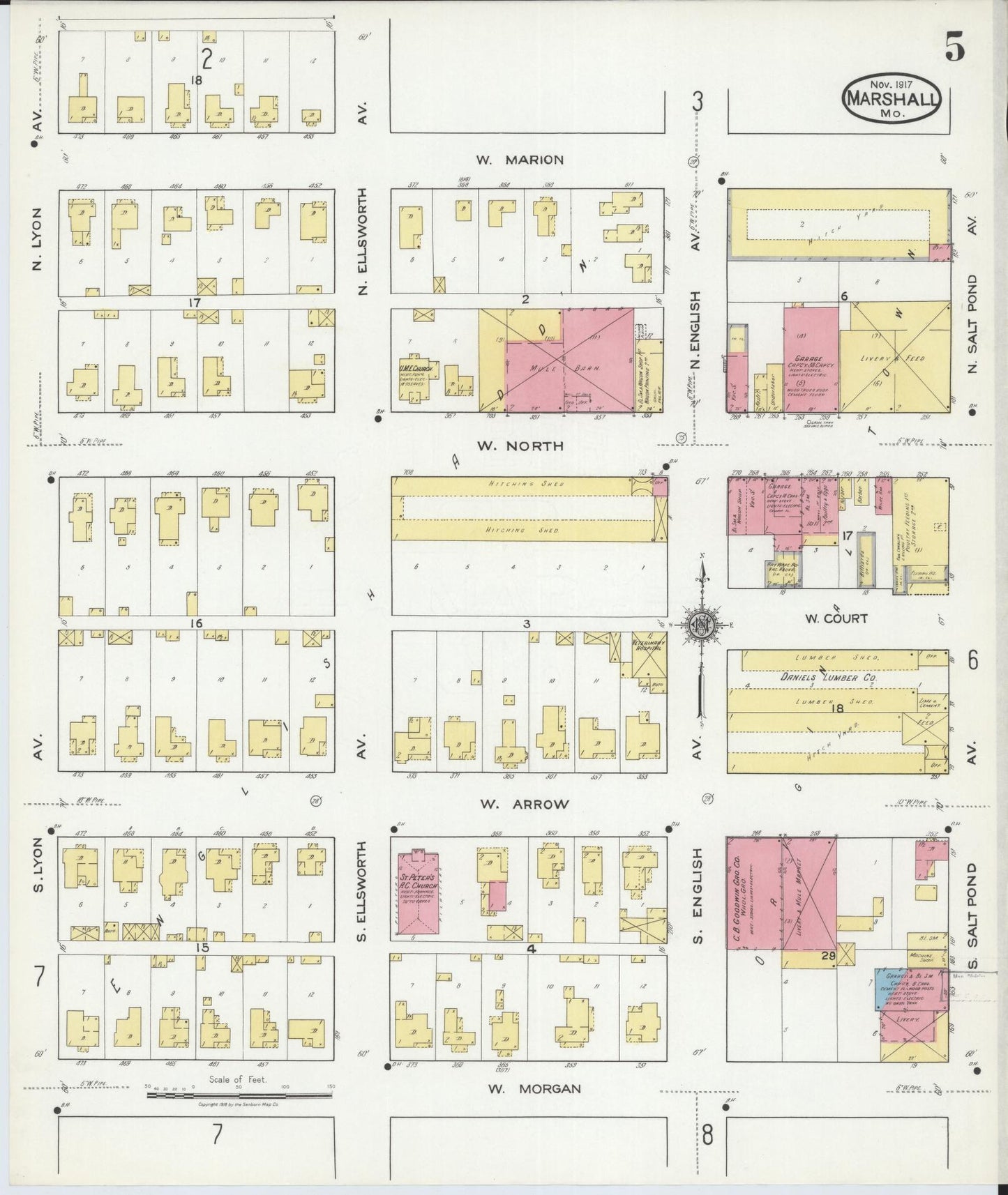 Sanborn Fire Insurance Map from Marshall, Saline County, Missouri (1917), Sheet #0005 - Historic Sanborn Fire Insurance Map Print, vintage old map wall art, antique decor, genealogy gift, Missouri Missouri map