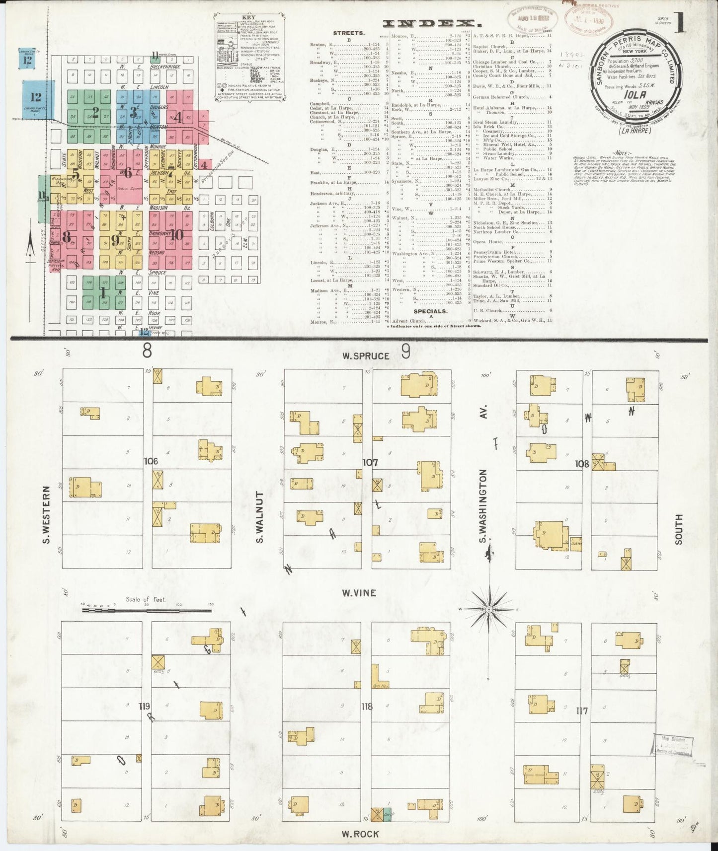 Sanborn Fire Insurance Map from Iola, Allen County, Kansas (1899), Sheet #0001 - Historic Sanborn Fire Insurance Map Print, vintage old map wall art, antique decor, genealogy gift, Kansas Kansas map