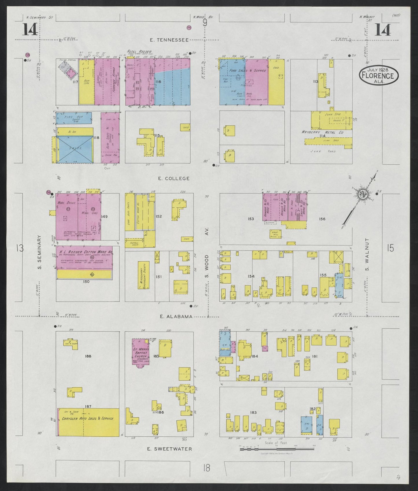 Sanborn Fire Insurance Map from Florence, Lauderdale County, Alabama (1928), Sheet #0014 - Historic Sanborn Fire Insurance Map Print, vintage old map wall art, antique decor, genealogy gift, Alabama Alabama map
