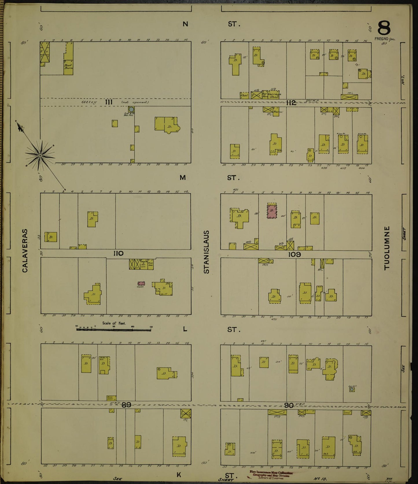 Sanborn Fire Insurance Map from Fresno, Fresno County, California (1888), Sheet #0008 - Historic Sanborn Fire Insurance Map Print, vintage old map wall art, antique decor, genealogy gift, California California map