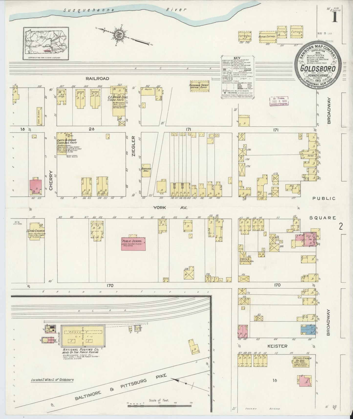 Sanborn Fire Insurance Map from Goldsboro, York County, Pennsylvania (1913), Sheet #0001 - Historic Sanborn Fire Insurance Map Print, vintage old map wall art, antique decor, genealogy gift, Pennsylvania Pennsylvania map