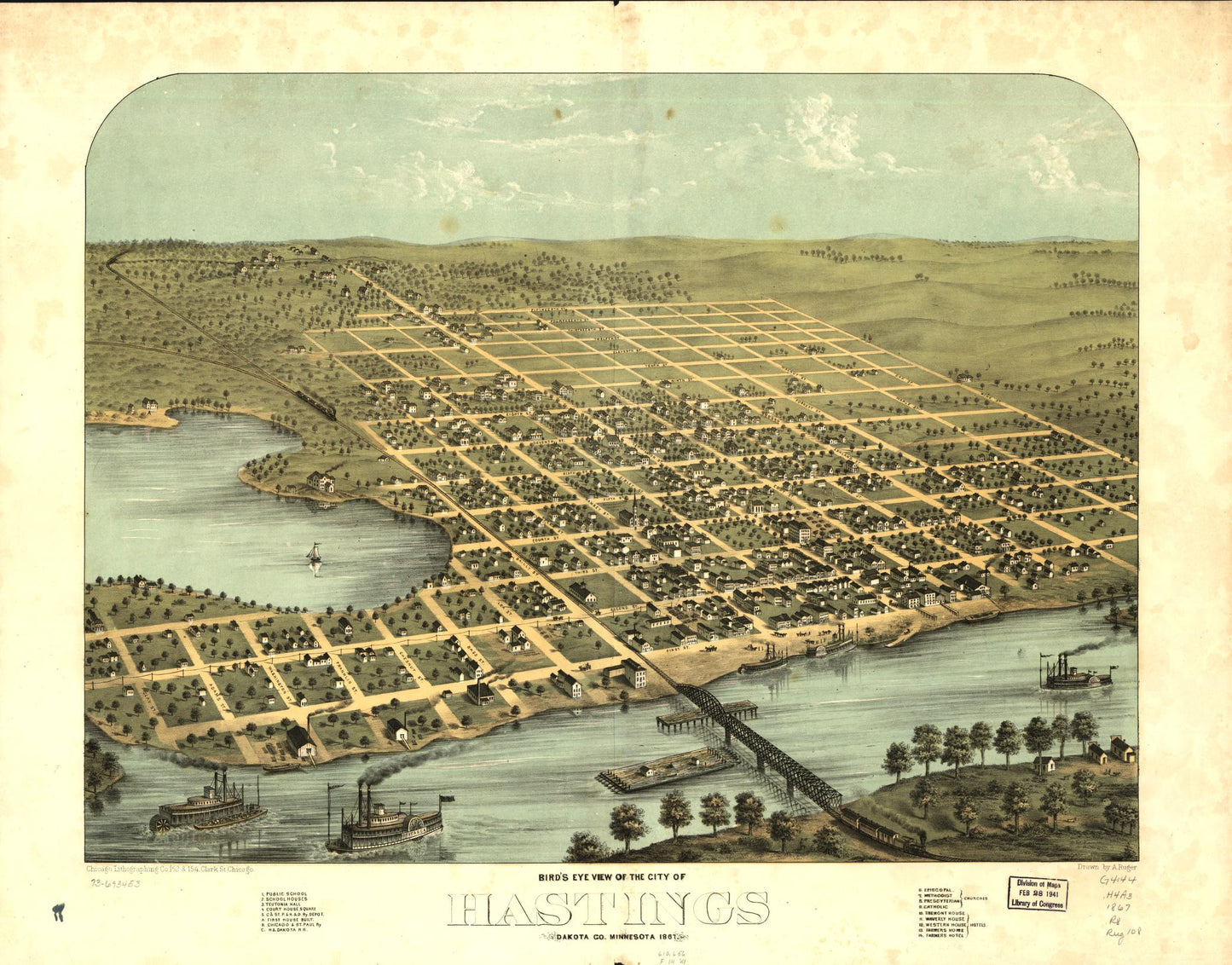 Bird's eye view of the city of Hastings, Dakota Co., Minnesota 1867. (1867) – Historic Bird’s-Eye View Panorama Print