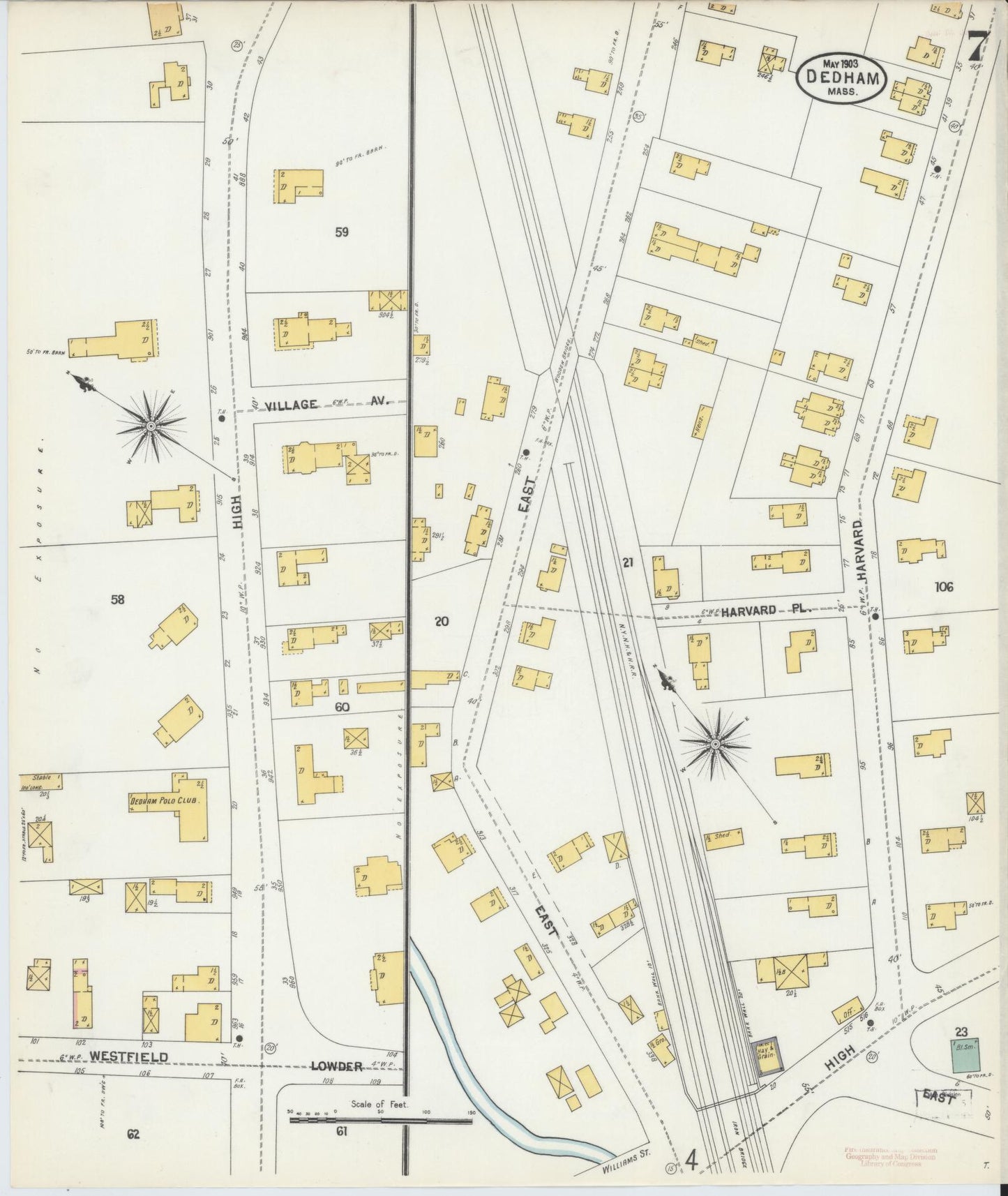 Sanborn Fire Insurance Map from Dedham, Norfolk County, Massachusetts (1903), Sheet #0007 - Historic Sanborn Fire Insurance Map Print, vintage old map wall art, antique decor, genealogy gift, Massachusetts Massachusetts map