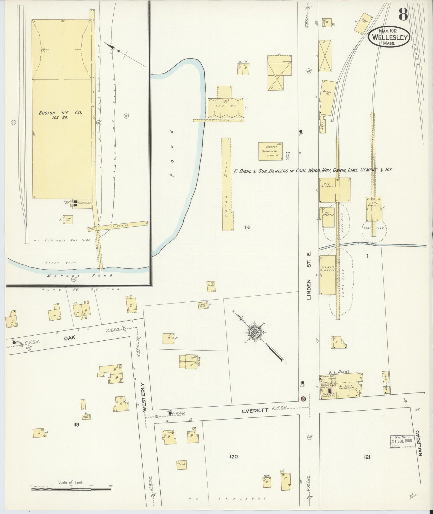 Sanborn Fire Insurance Map from Wellesley, Norfolk County, Massachusetts (1912), Sheet #0008 - Historic Sanborn Fire Insurance Map Print, vintage old map wall art, antique decor, genealogy gift, Massachusetts Massachusetts map