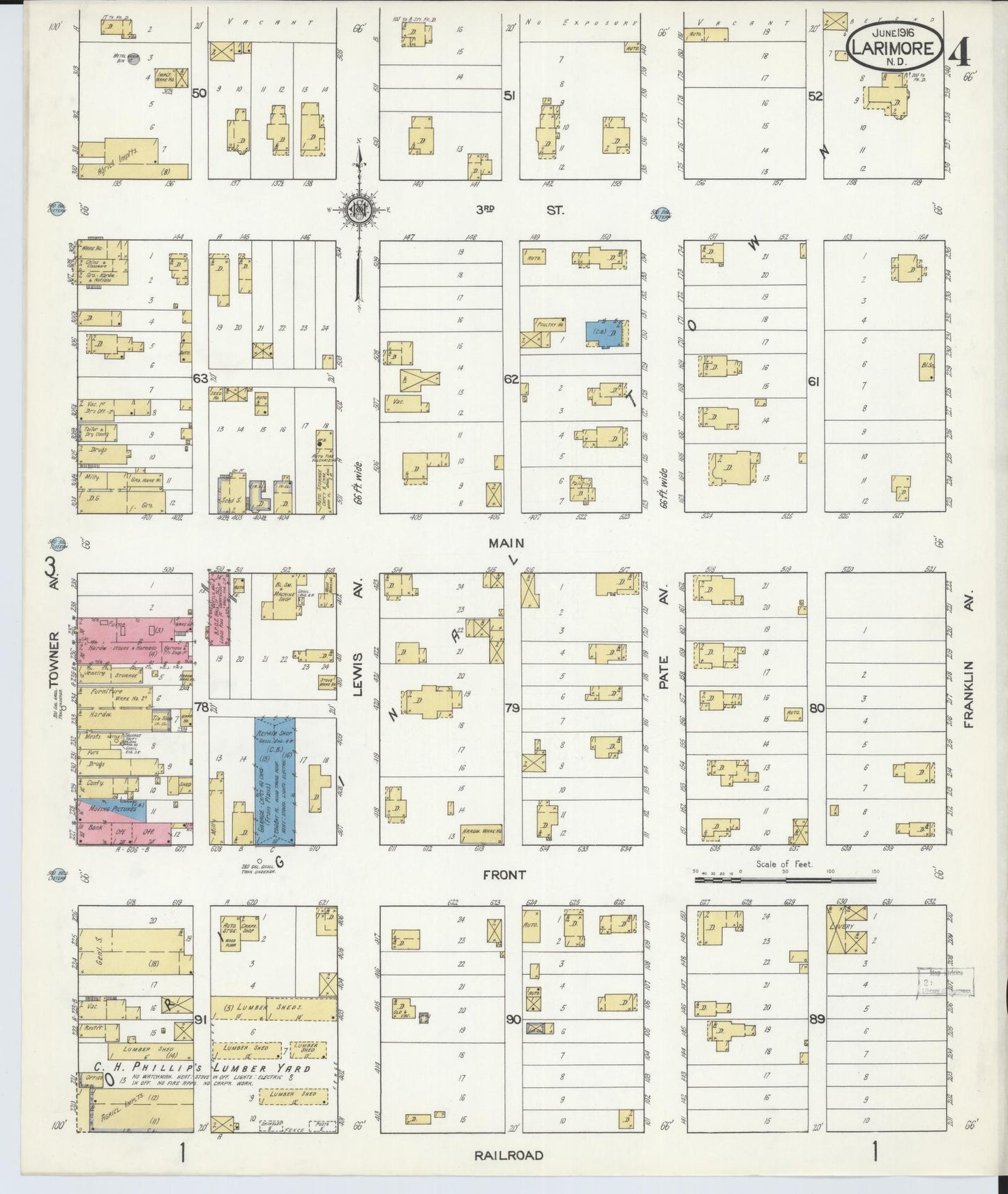 Sanborn Fire Insurance Map from Larimore, Grand Forks County, North Dakota (1916), Sheet #0004 - Historic Sanborn Fire Insurance Map Print, vintage old map wall art, antique decor, genealogy gift, North Dakota North Dakota map