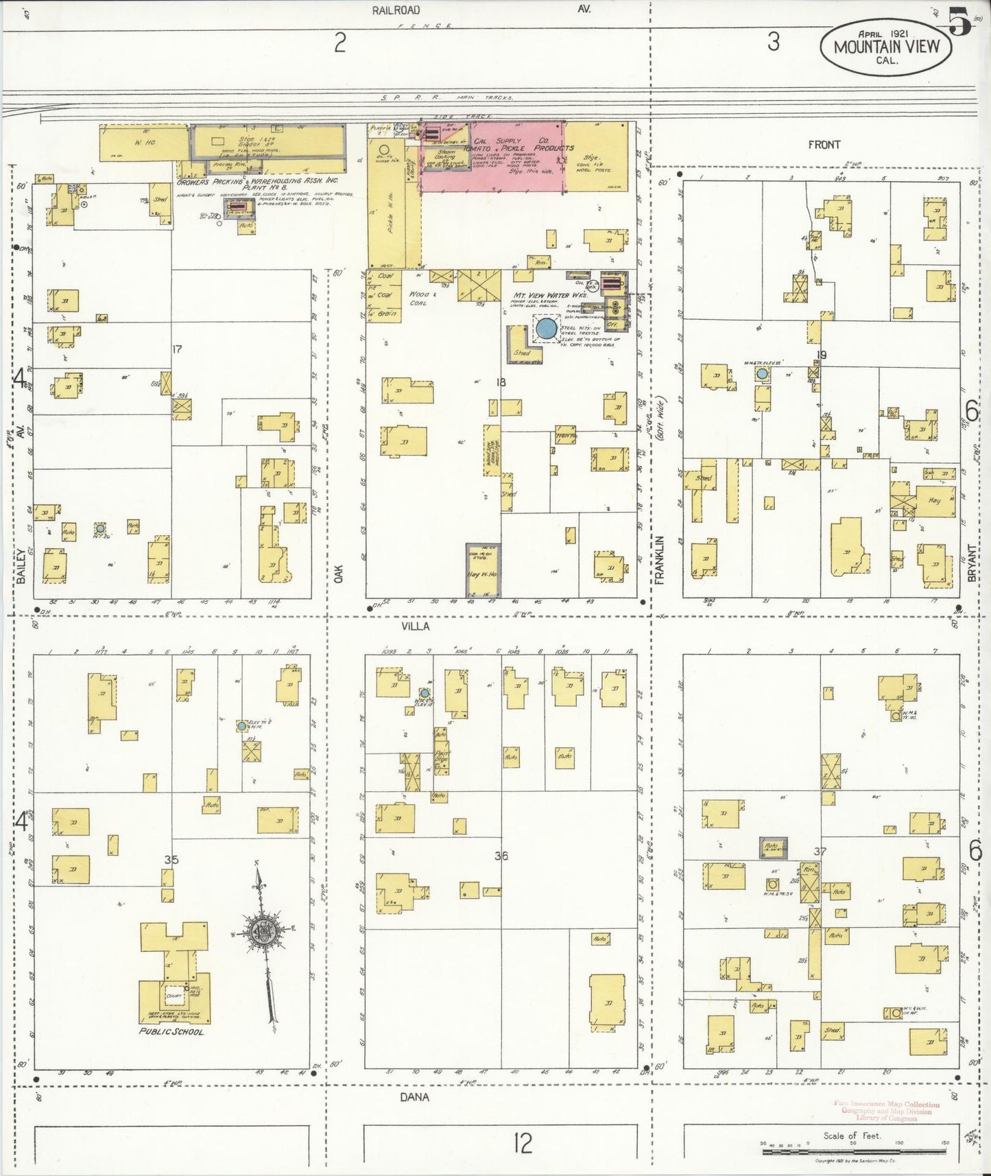 Sanborn Fire Insurance Map from Mountain View, Santa Clara County, California (1921), Sheet #0005 - Historic Sanborn Fire Insurance Map Print, vintage old map wall art, antique decor, genealogy gift, California California map