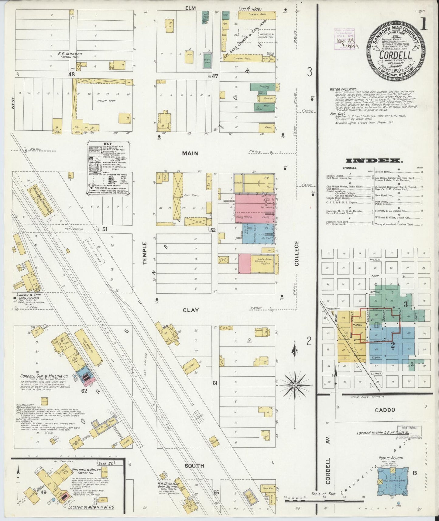 Sanborn Fire Insurance Map from Cordell, Washita County, Oklahoma (1909), Sheet #0001 - Historic Sanborn Fire Insurance Map Print, vintage old map wall art, antique decor, genealogy gift, Oklahoma Oklahoma map