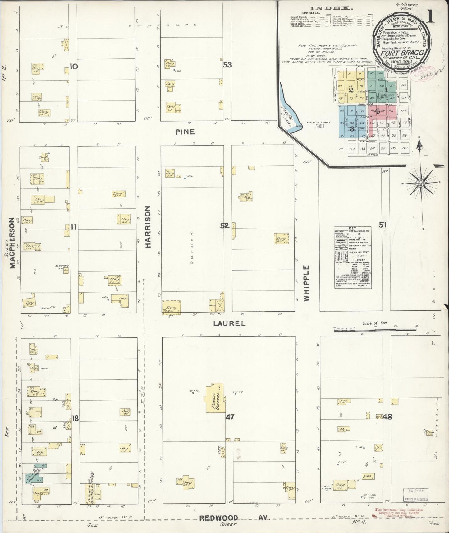 Sanborn Fire Insurance Map from Fort Bragg, Mendocino County, California (1890), Sheet #0001 - Historic Sanborn Fire Insurance Map Print, vintage old map wall art, antique decor, genealogy gift, California California map