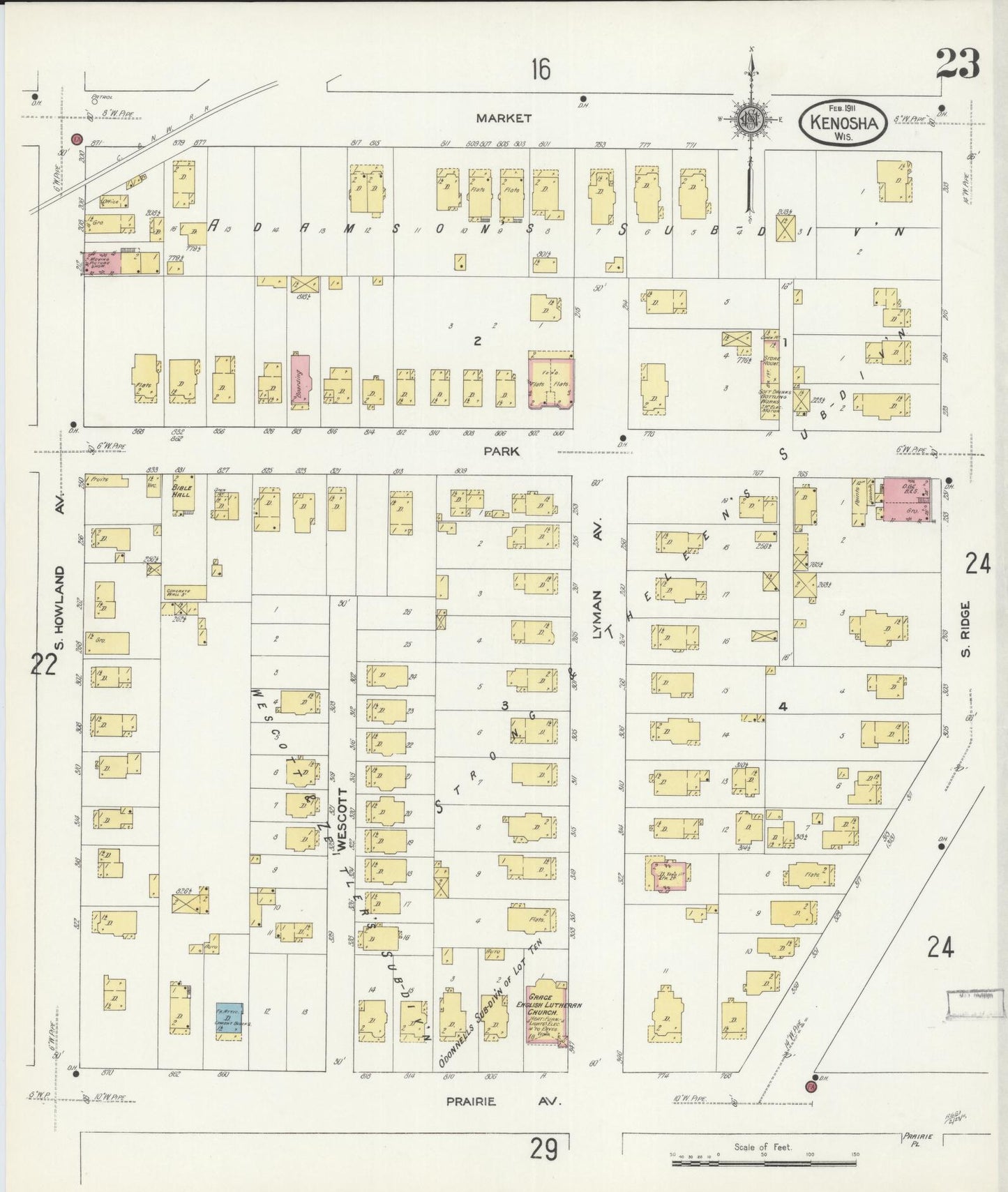 Sanborn Fire Insurance Map from Kenosha, Kenosha County, Wisconsin (1911), Sheet #0023 - Historic Sanborn Fire Insurance Map Print, vintage old map wall art, antique decor, genealogy gift, Wisconsin Wisconsin map