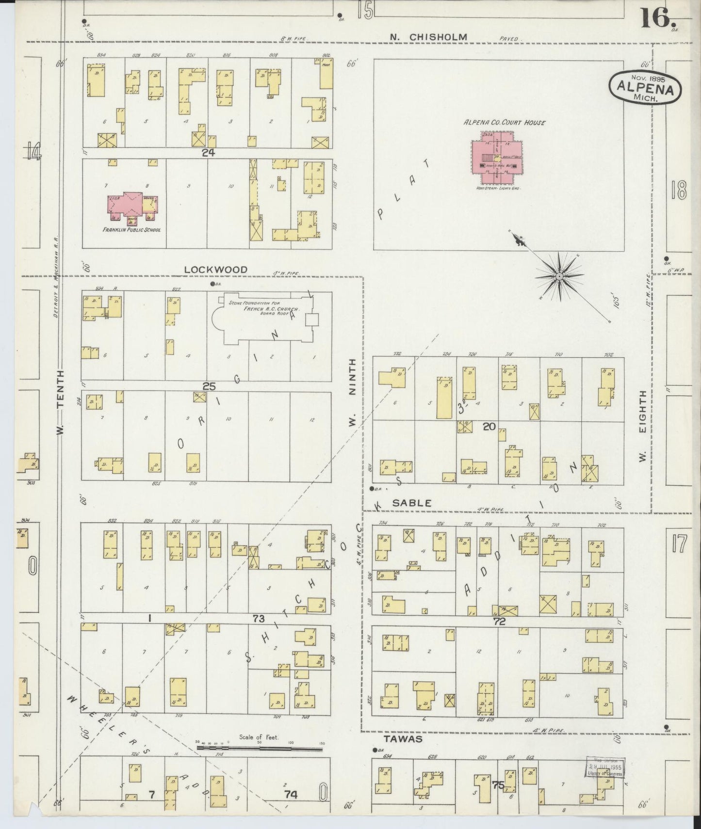 Sanborn Fire Insurance Map from Alpena, Alpena County, Michigan (1895), Sheet #0016 - Historic Sanborn Fire Insurance Map Print, vintage old map wall art, antique decor, genealogy gift, Michigan Michigan map