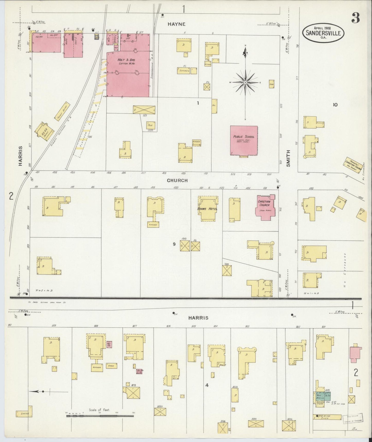 Sanborn Fire Insurance Map from Sandersville, Washington County, Georgia (1908), Sheet #0003 - Historic Sanborn Fire Insurance Map Print, vintage old map wall art, antique decor, genealogy gift, Georgia Georgia map
