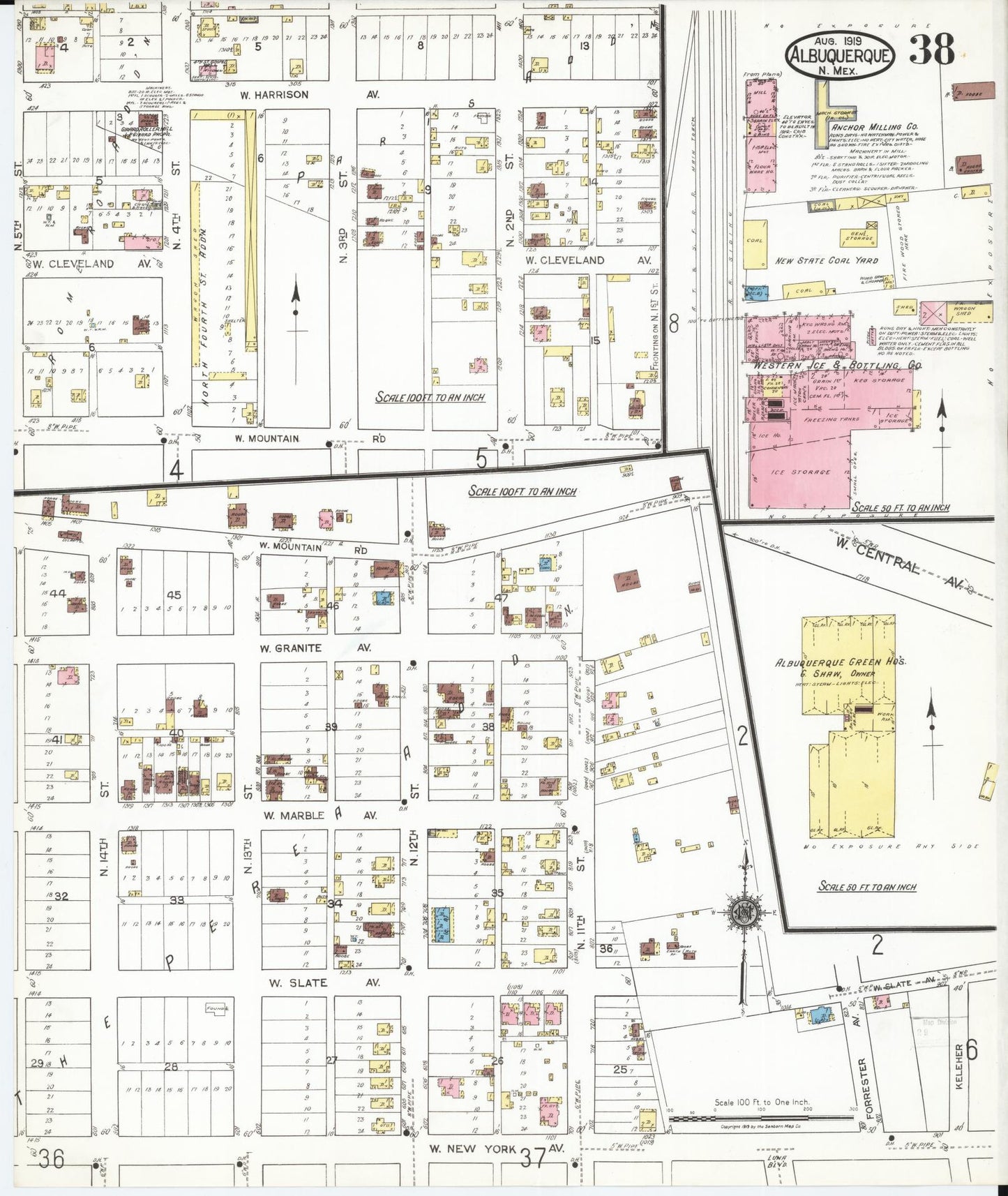 Sanborn Fire Insurance Map from Albuquerque, Bernalillo County, New Mexico (1919), Sheet #0038 - Historic Sanborn Fire Insurance Map Print, vintage old map wall art, antique decor, genealogy gift, New Mexico New Mexico map