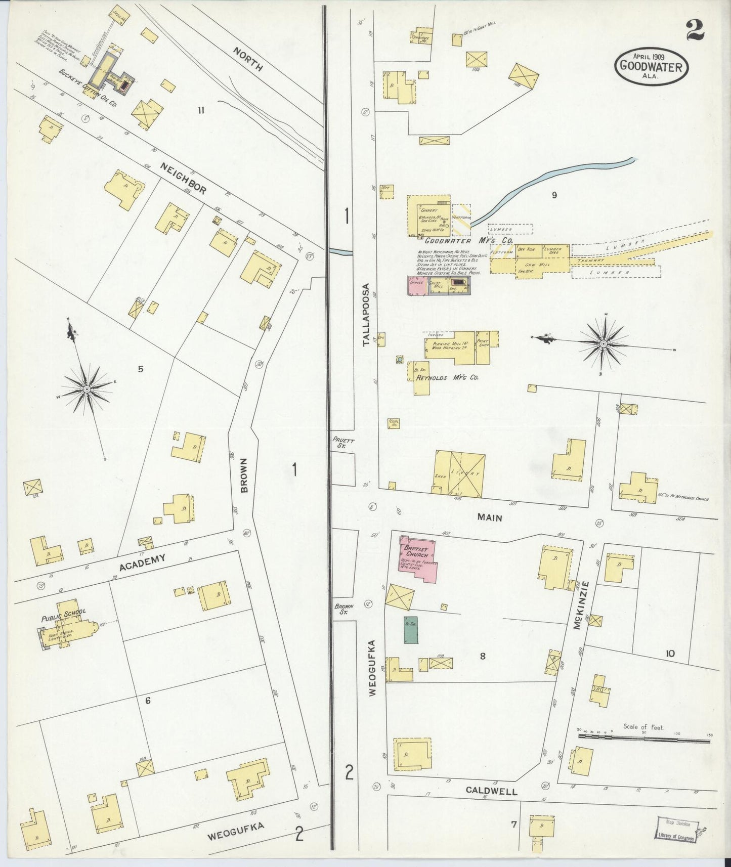 Sanborn Fire Insurance Map from Goodwater, Coosa County, Alabama (1909), Sheet #0002 - Historic Sanborn Fire Insurance Map Print, vintage old map wall art, antique decor, genealogy gift, Alabama Alabama map