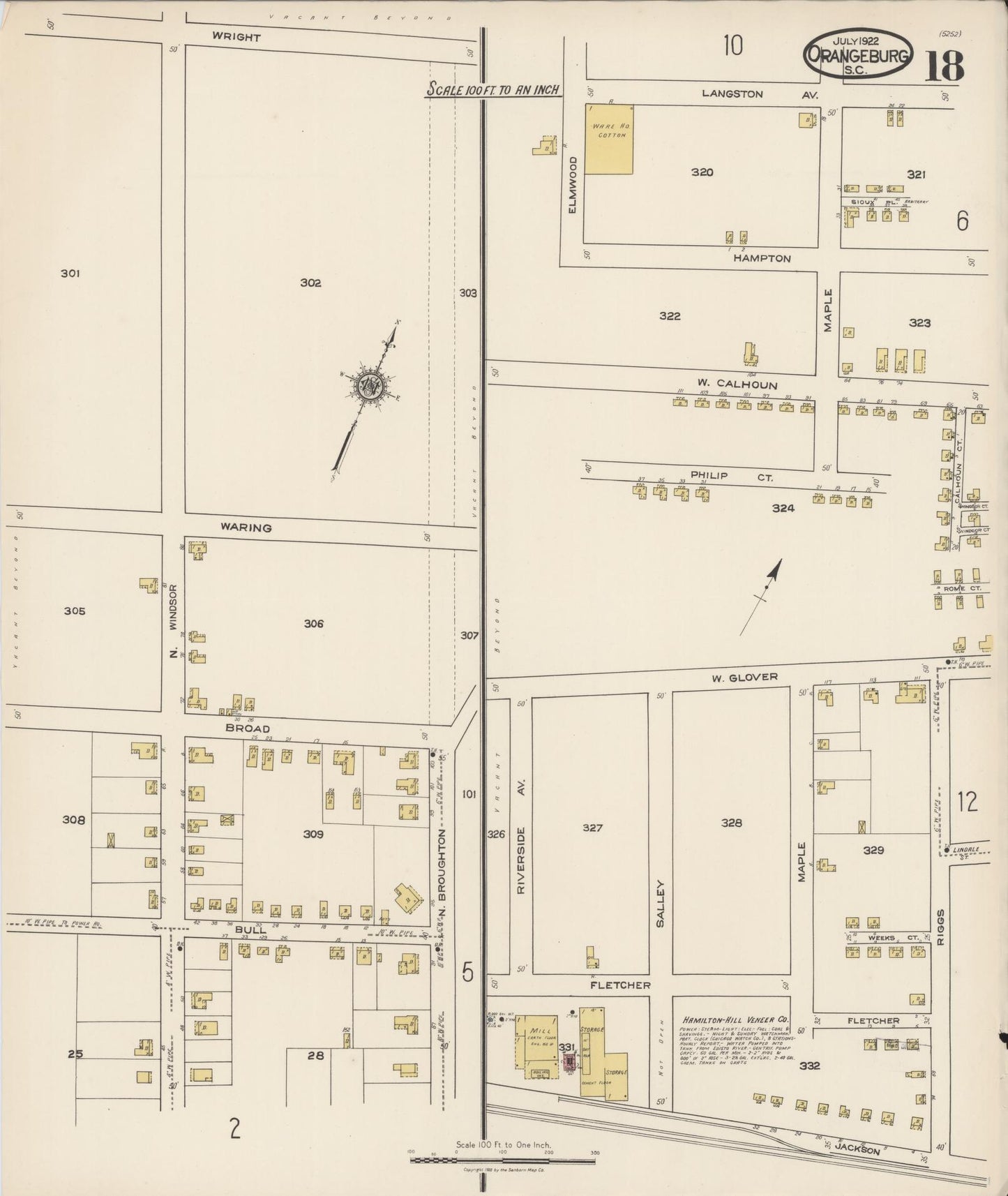 Sanborn Fire Insurance Map from Orangeburg, Orangeburg County, South Carolina (1922), Sheet #0018 - Historic Sanborn Fire Insurance Map Print, vintage old map wall art, antique decor, genealogy gift, South Carolina South Carolina map