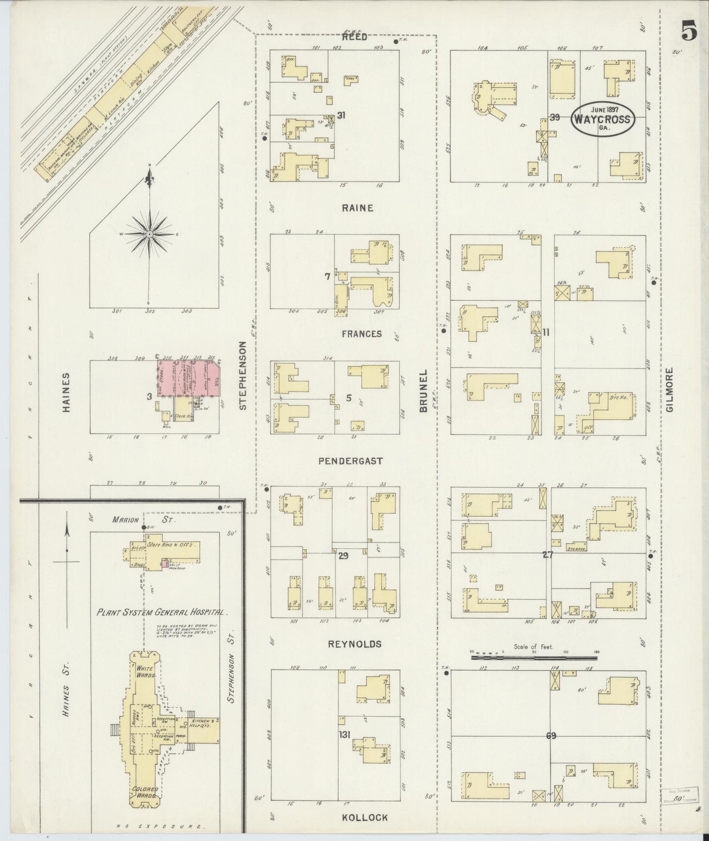 Sanborn Fire Insurance Map from Waycross, Ware County, Georgia (1897), Sheet #0005 - Complete Map Set gallery image, historic Sanborn map, vintage wall art, Georgia Georgia