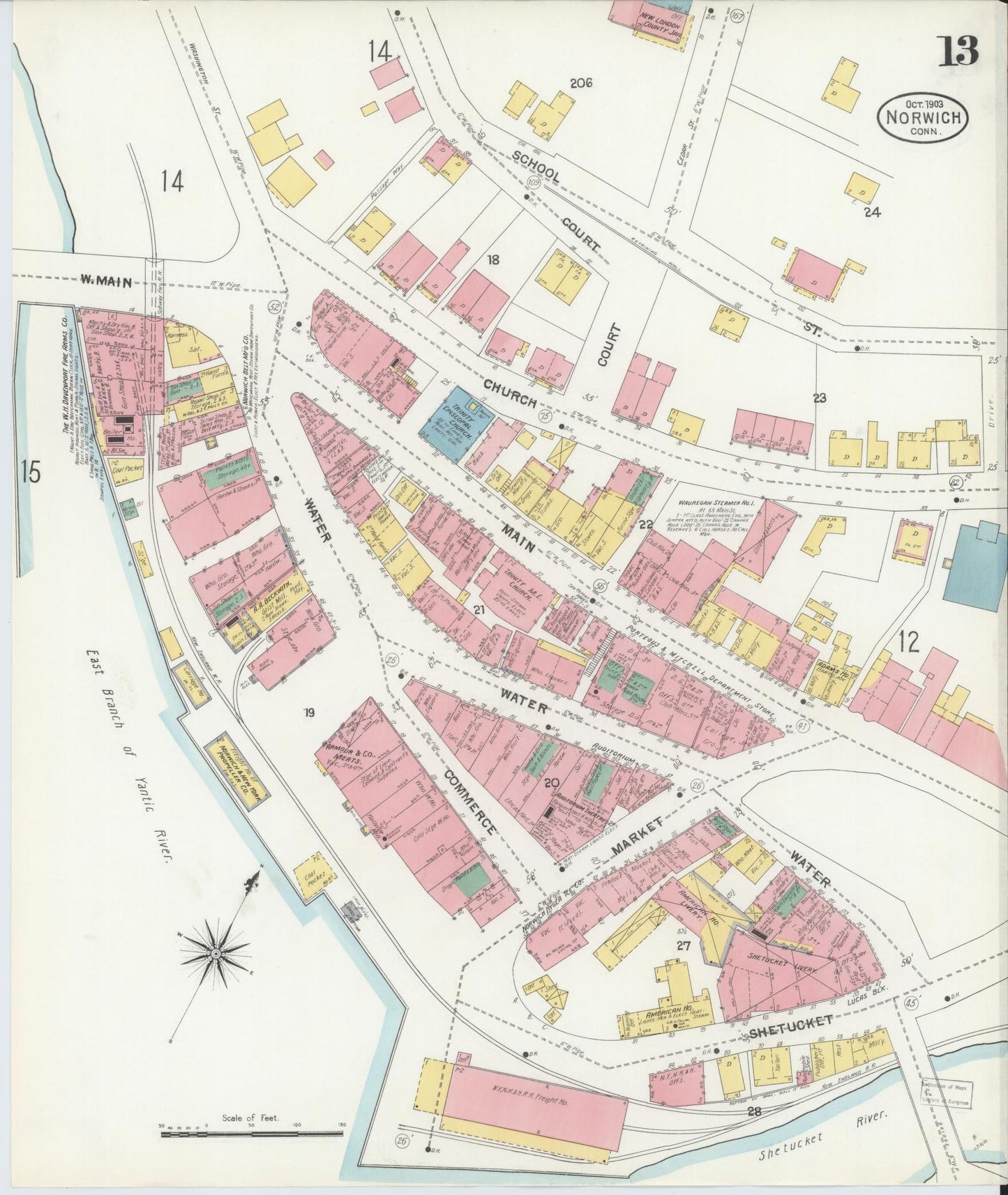 Sanborn Fire Insurance Map from Norwich, New London County, Connecticut (1903), Sheet #0013 - Historic Sanborn Fire Insurance Map Print, vintage old map wall art, antique decor, genealogy gift, Connecticut Connecticut map