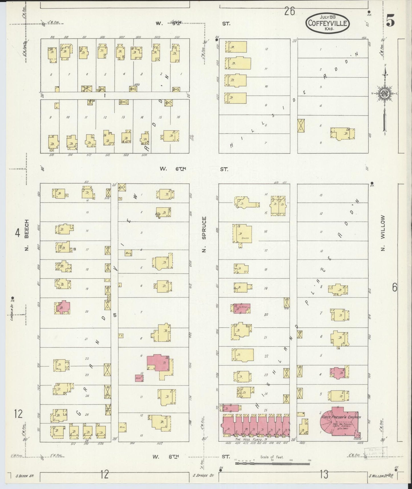 Sanborn Fire Insurance Map from Coffeyville, Montgomery County, Kansas (1913), Sheet #0005 - Historic Sanborn Fire Insurance Map Print, vintage old map wall art, antique decor, genealogy gift, Kansas Kansas map