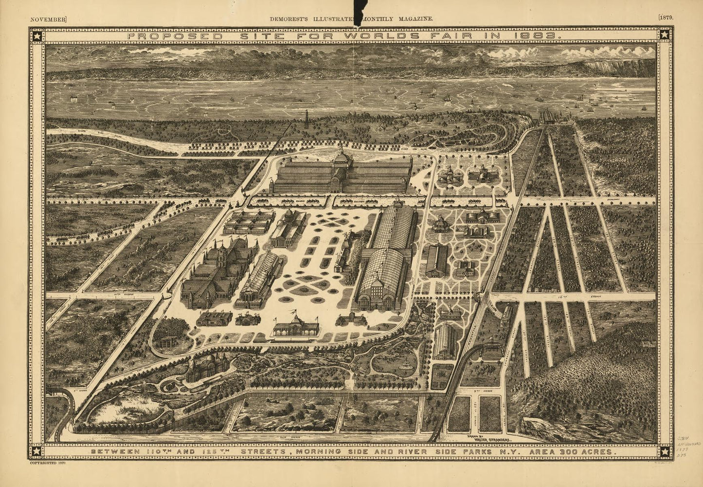 Proposed site for World's Fair in 1883 : between 110th and 125th Streets, Morning Side and River Side Parks, N.Y. Area 300 acres. (1879) – Historic Bird’s-Eye View Panorama Print