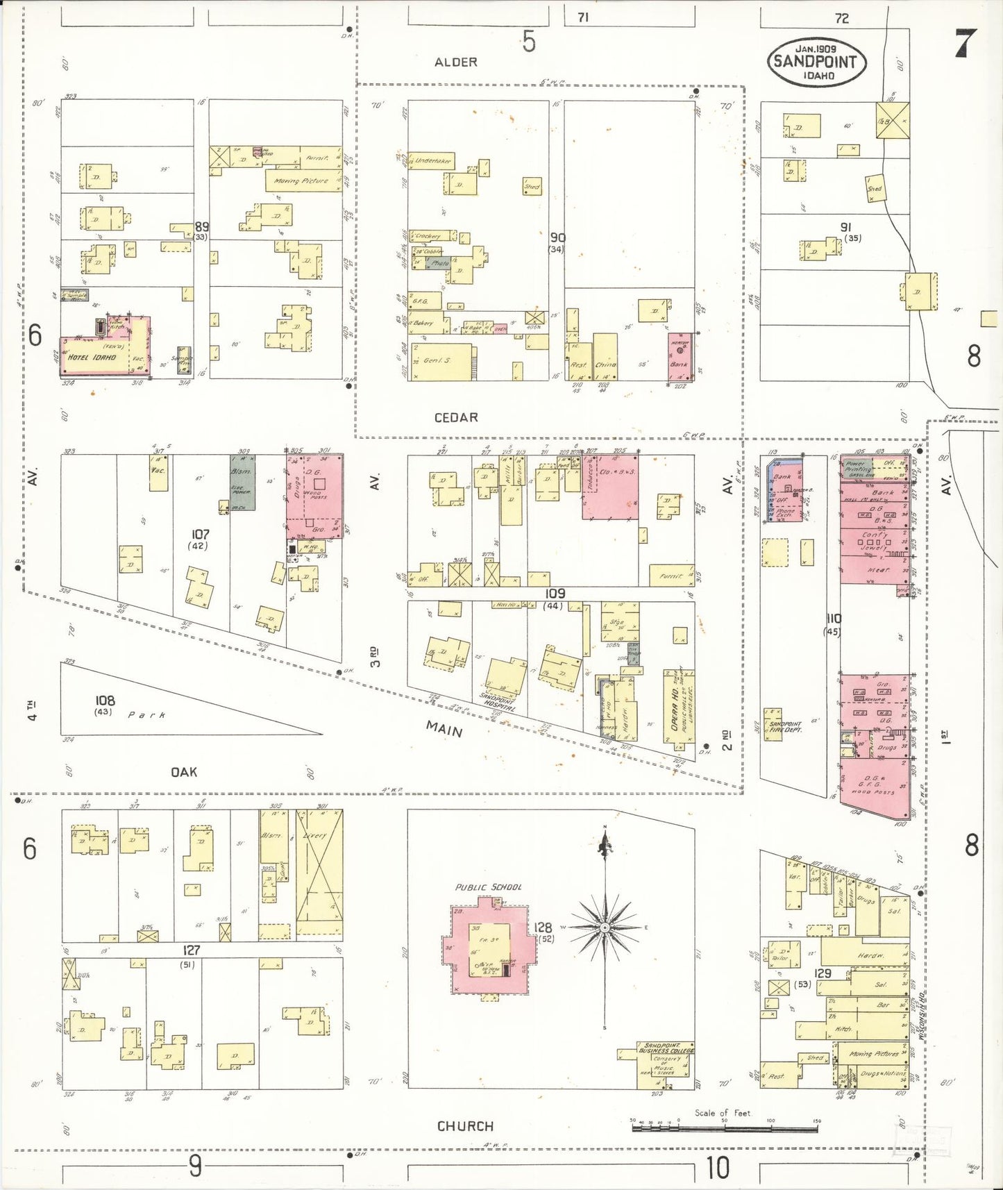 Sanborn Fire Insurance Map from Sandpoint, Bonner County, Idaho (1909), Sheet #0007 - Historic Sanborn Fire Insurance Map Print, vintage old map wall art, antique decor, genealogy gift, Idaho Idaho map