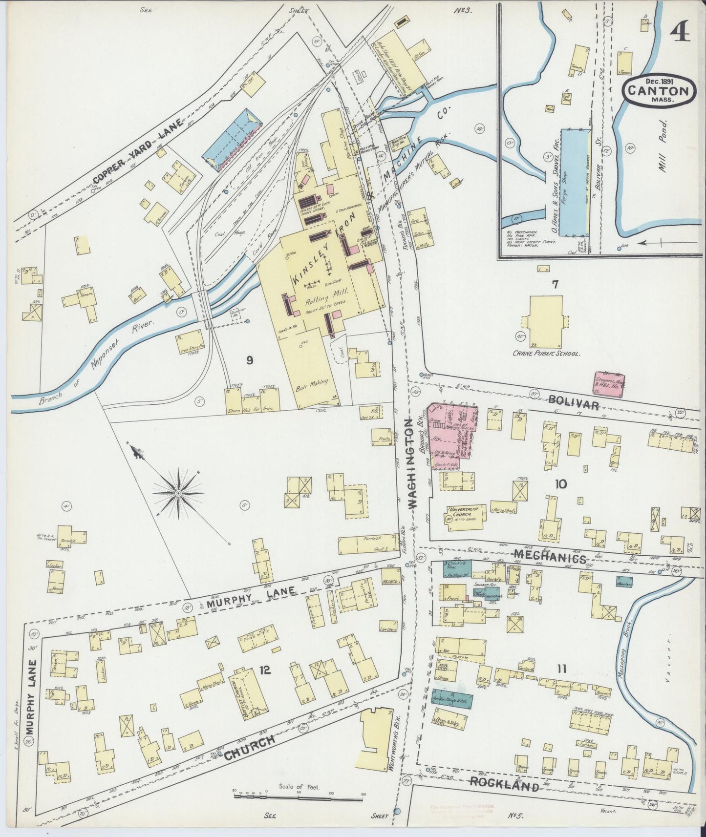 Sanborn Fire Insurance Map from Canton, Norfolk County, Massachusetts (1891), Sheet #0004 - Historic Sanborn Fire Insurance Map Print, vintage old map wall art, antique decor, genealogy gift, Massachusetts Massachusetts map